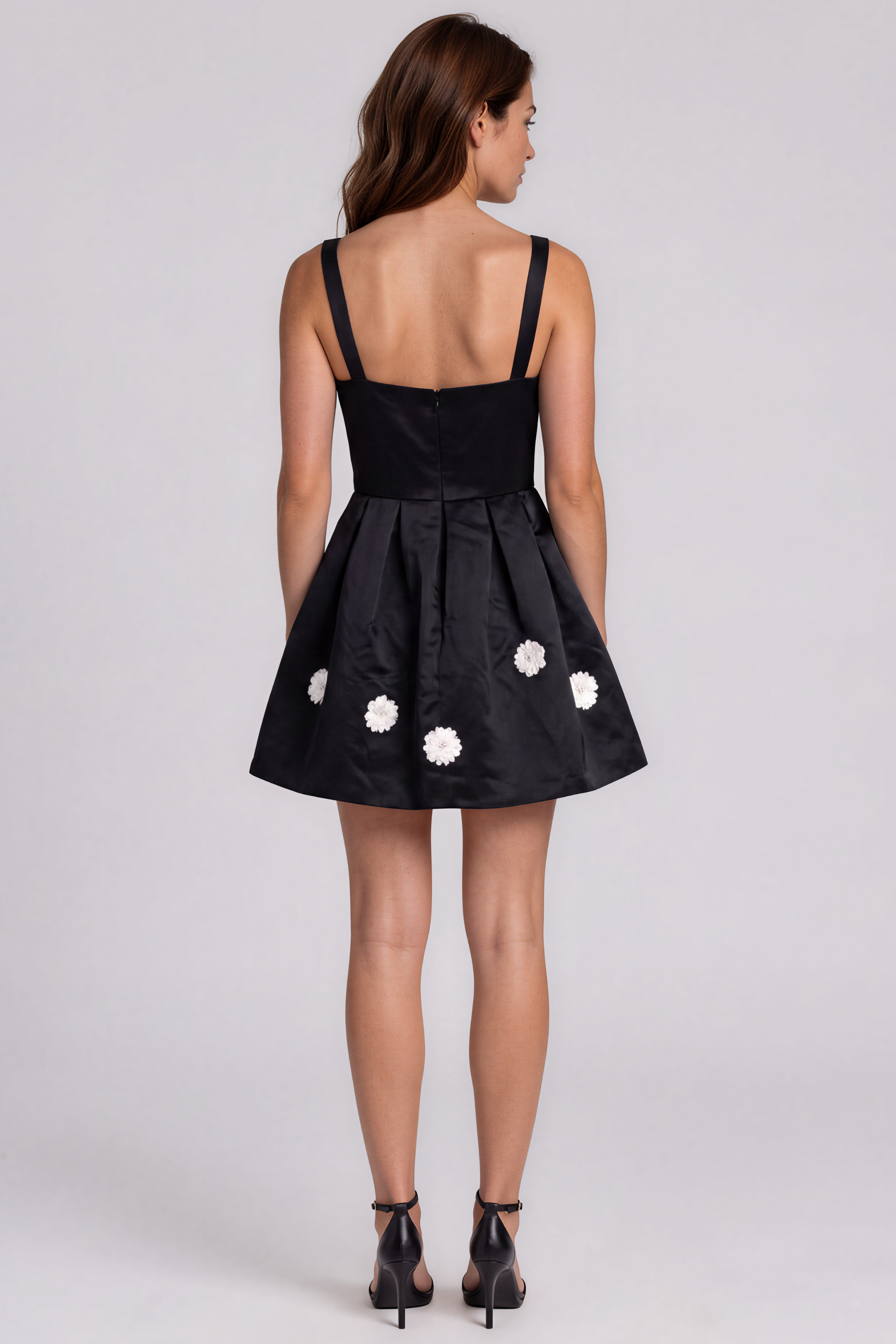 Square Neck Satin Fit and Flare Cocktail Dress with Floral Appliqué Detail Cocktail Rene Ruiz Collection