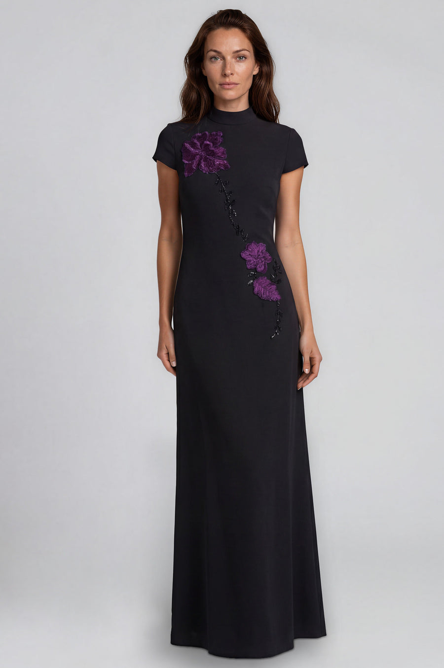 Floral Embroidered Mock Neck Crepe Faille Column Gown Gown Rene Ruiz Collection