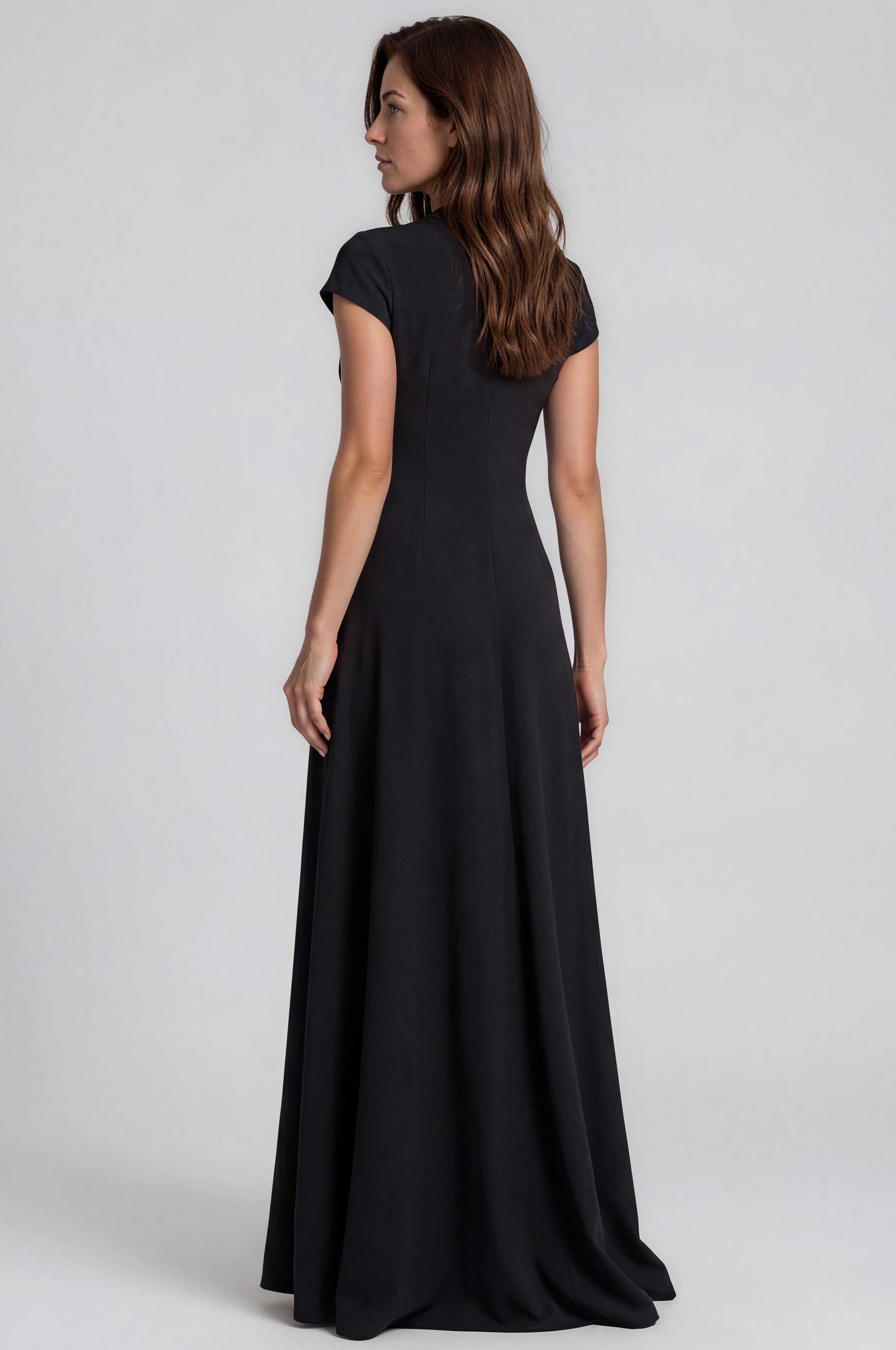 Floral Embroidered Mock Neck Crepe Faille Column Gown Gown Rene Ruiz Collection