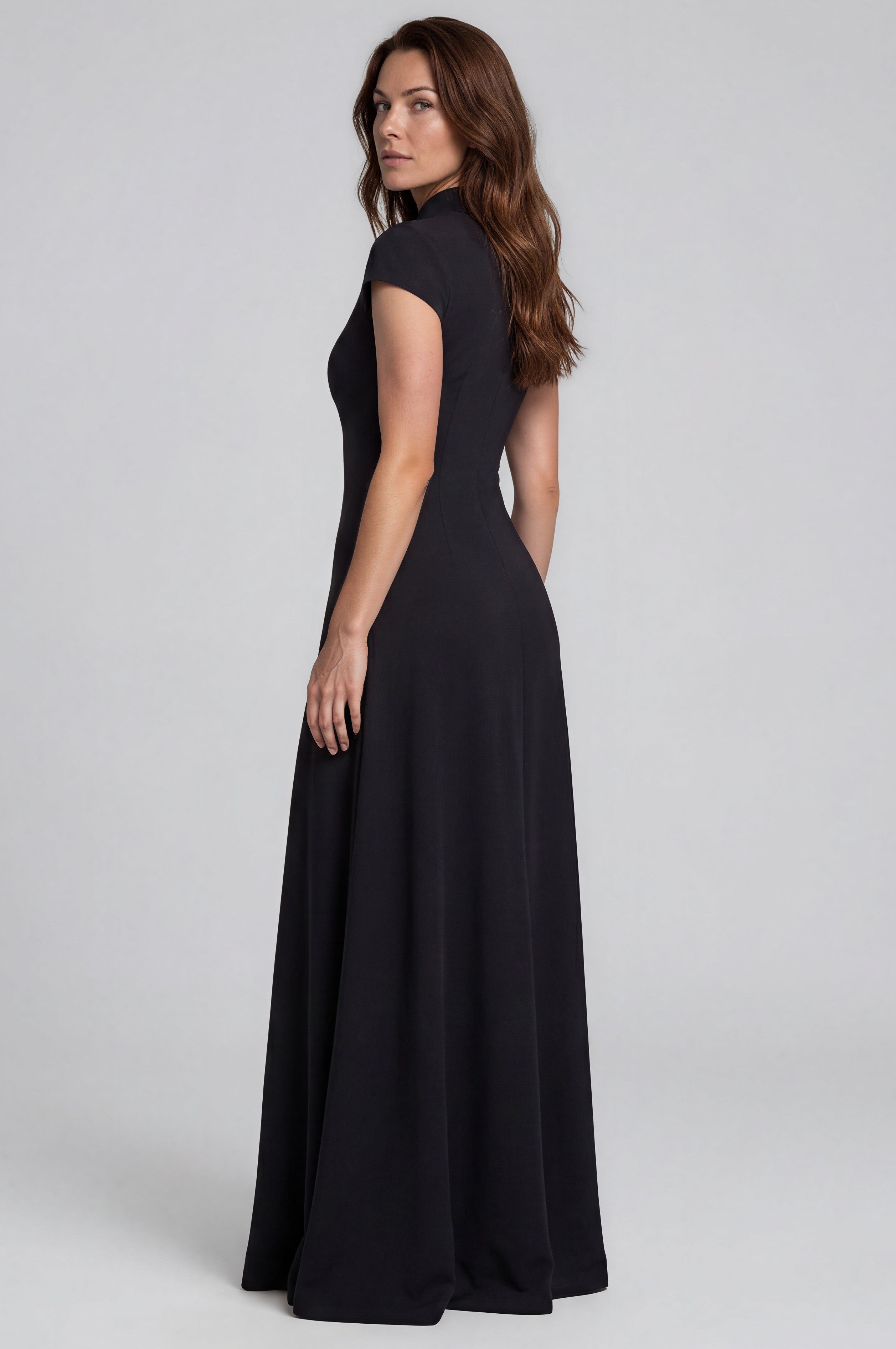 Floral Embroidered Mock Neck Crepe Faille Column Gown Gown Rene Ruiz Collection