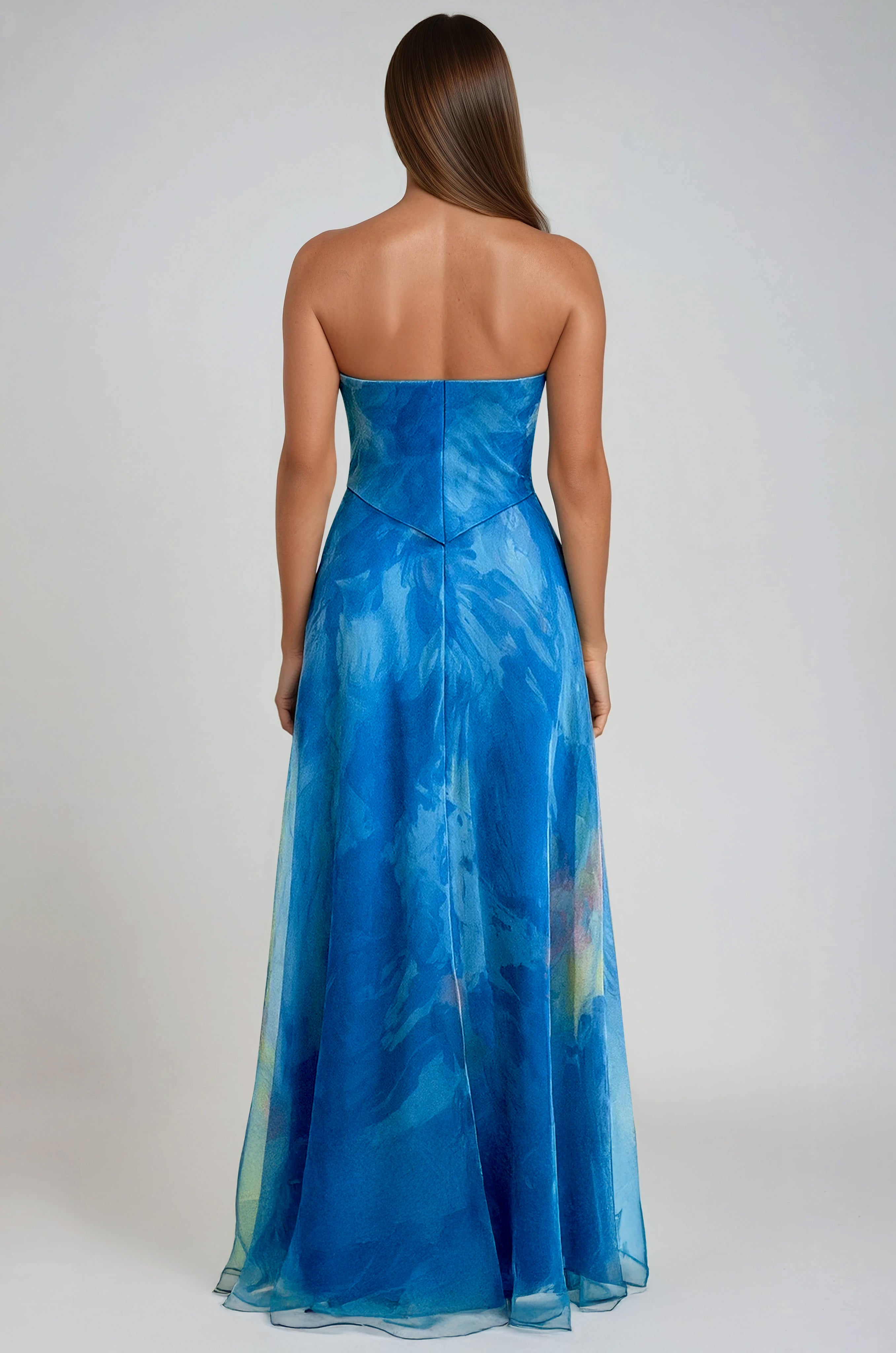Strapless Hand Draped Printed Organza Gown