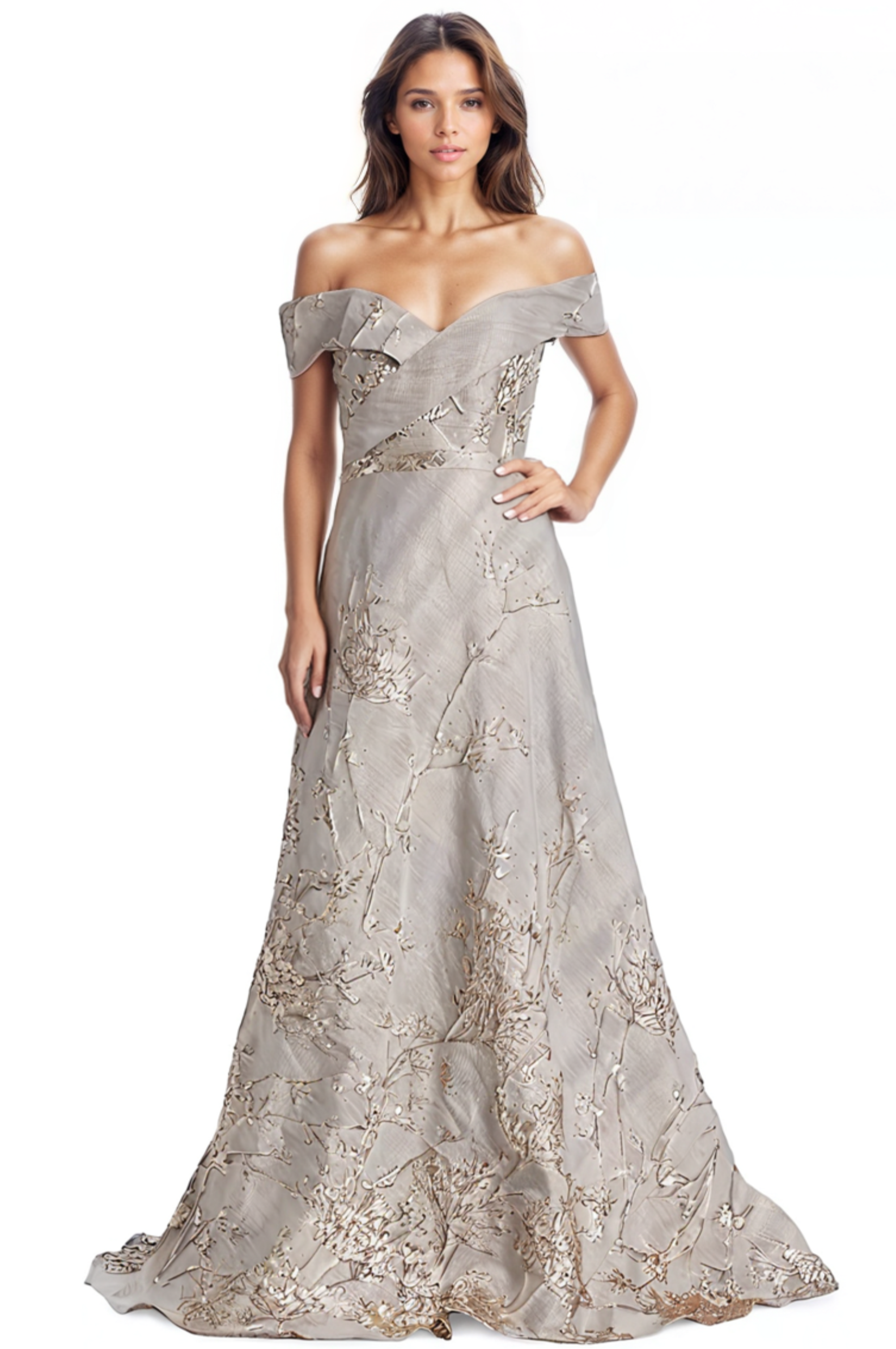 Off the Shoulder Brocade A-line Gown  