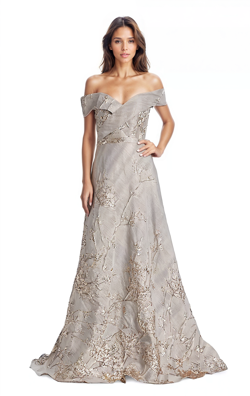 Off the Shoulder Brocade A-line Gown  