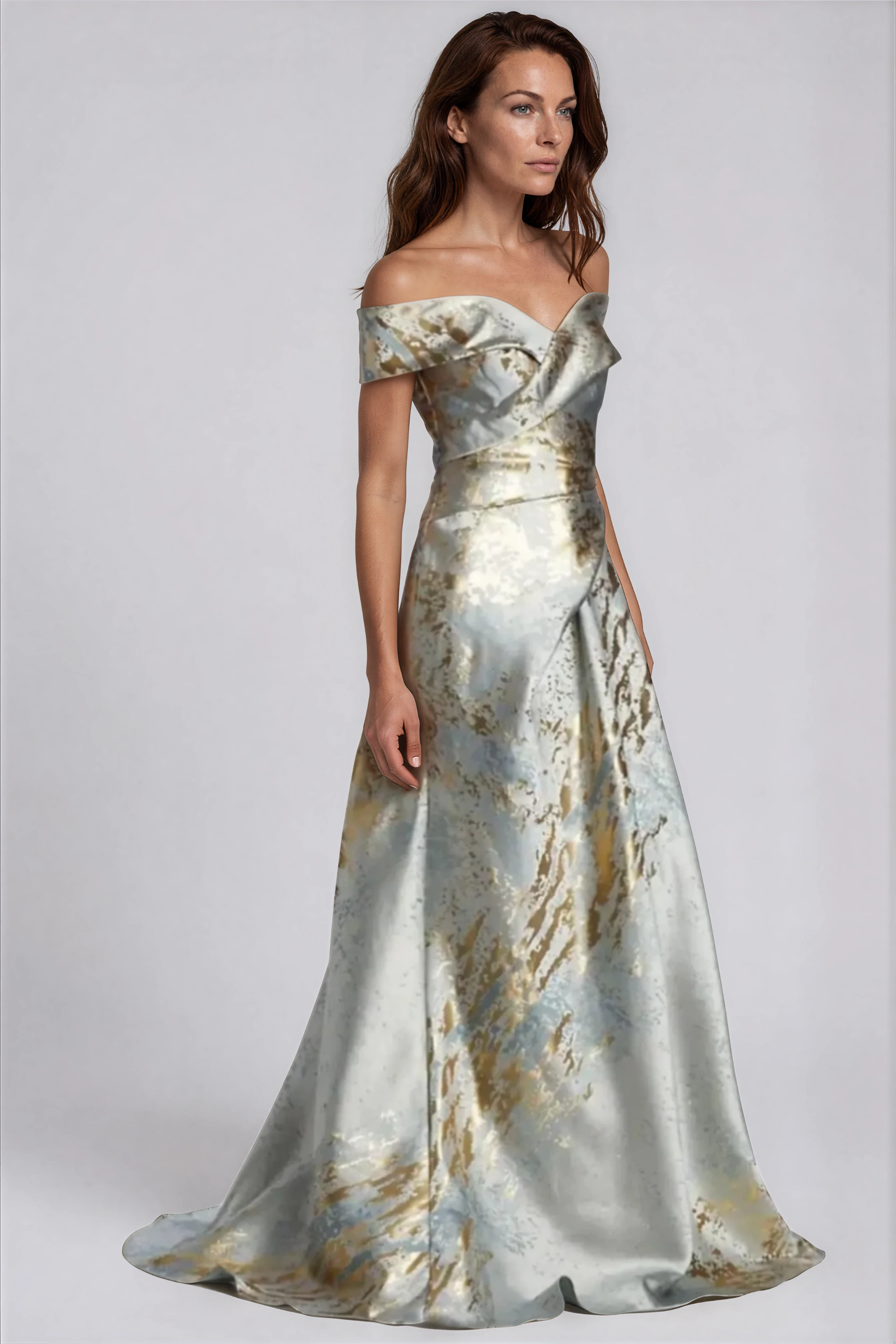 Off The Shoulder Brocade Gown Gown Rene Ruiz Collection