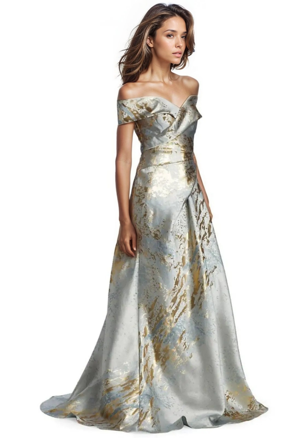 Off-the-Shoulder Pleated Gown with Surplice Bodice Grape
