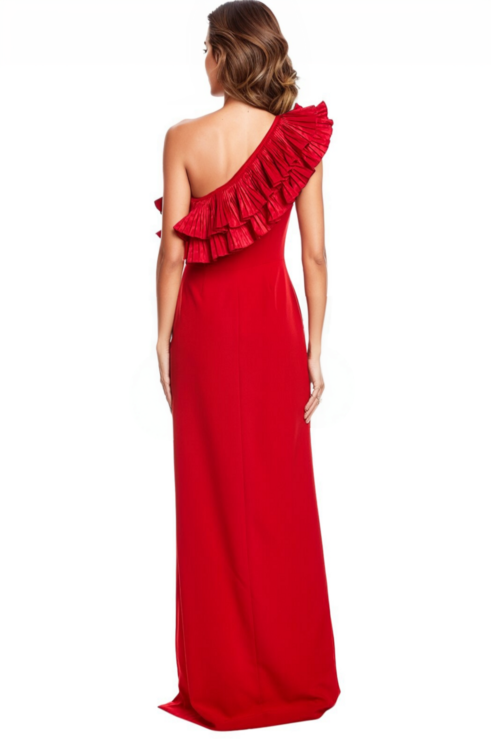 One Shoulder Ruffles Satin Column Gown  