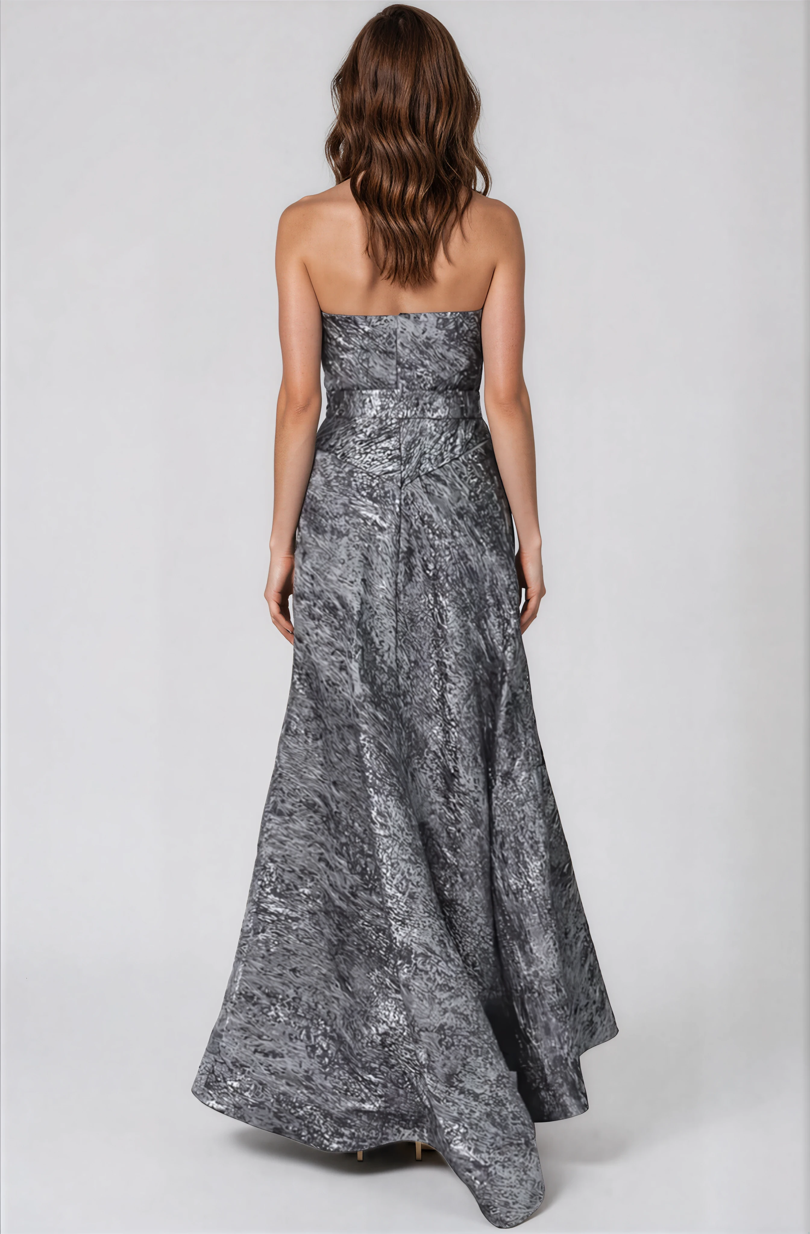 Asymmetric Strapless Brocade Gown Gown Rene Ruiz Collection