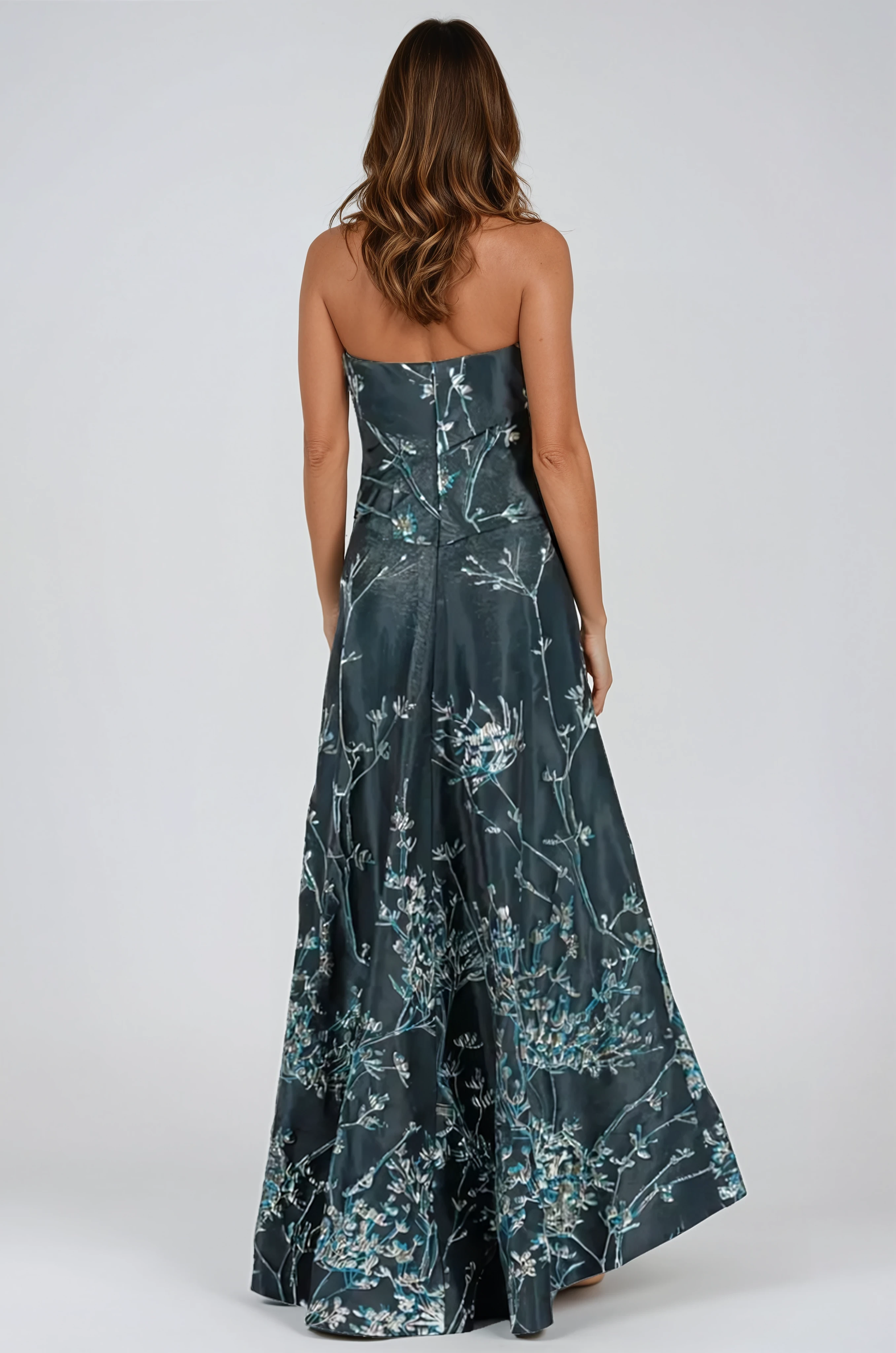 Asymmetric Strapless Brocade A-Line Gown Gown Rene Ruiz Collection