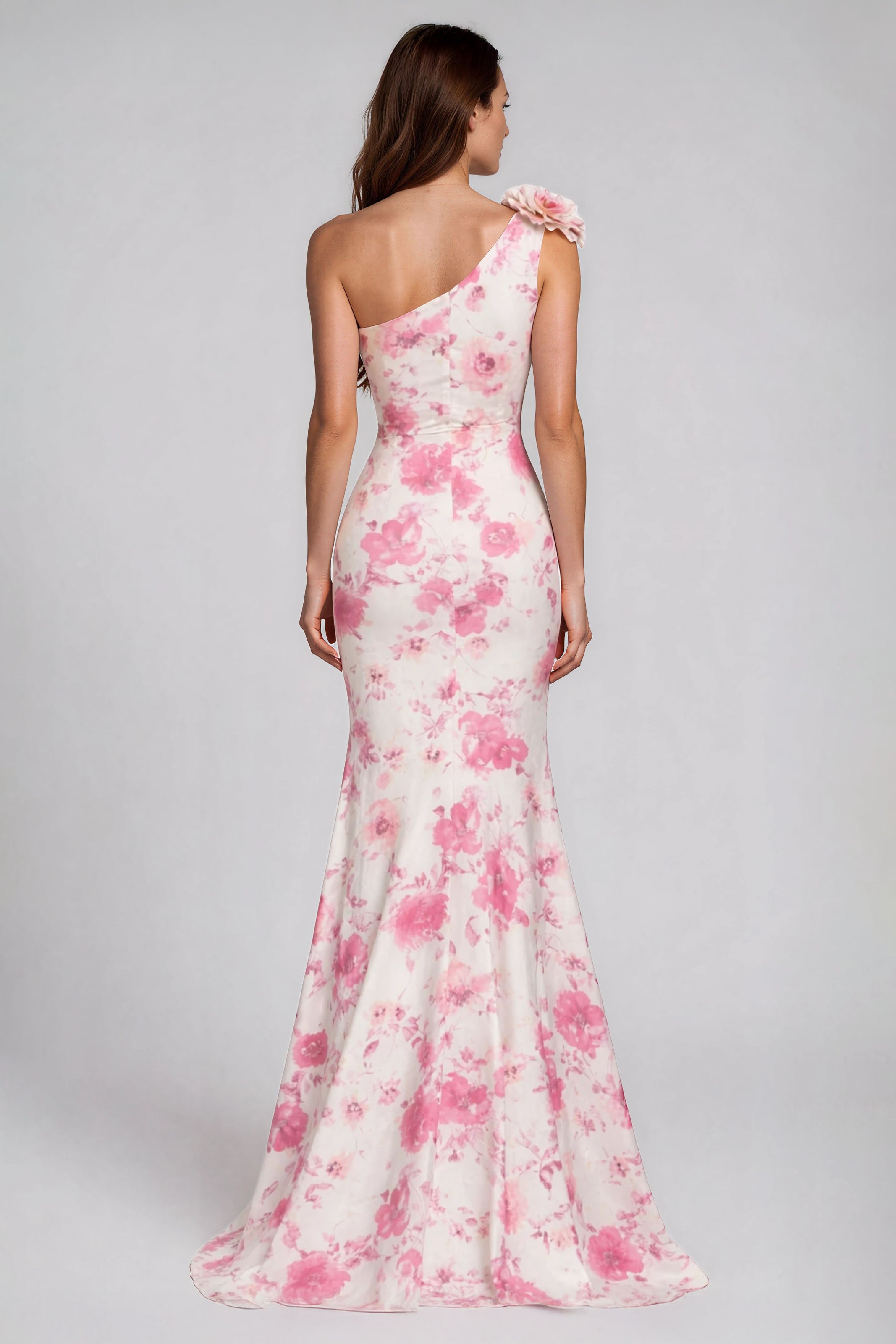 One Shoulder Floral Appliqué Scuba Stretch Fit And Flare Gown Gown Rene Ruiz Collection