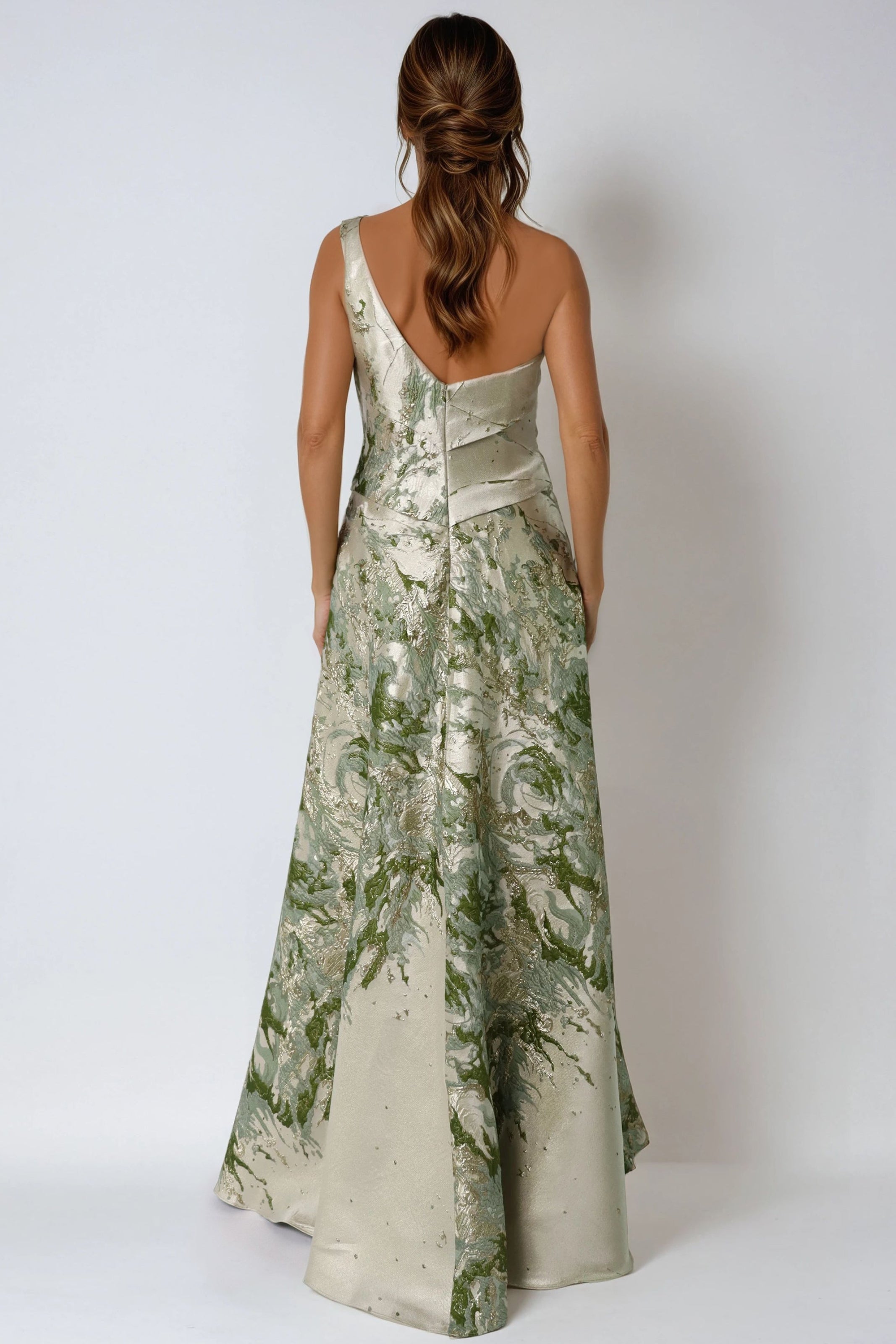 One Shoulder Brocade Metallic A-Line Gown