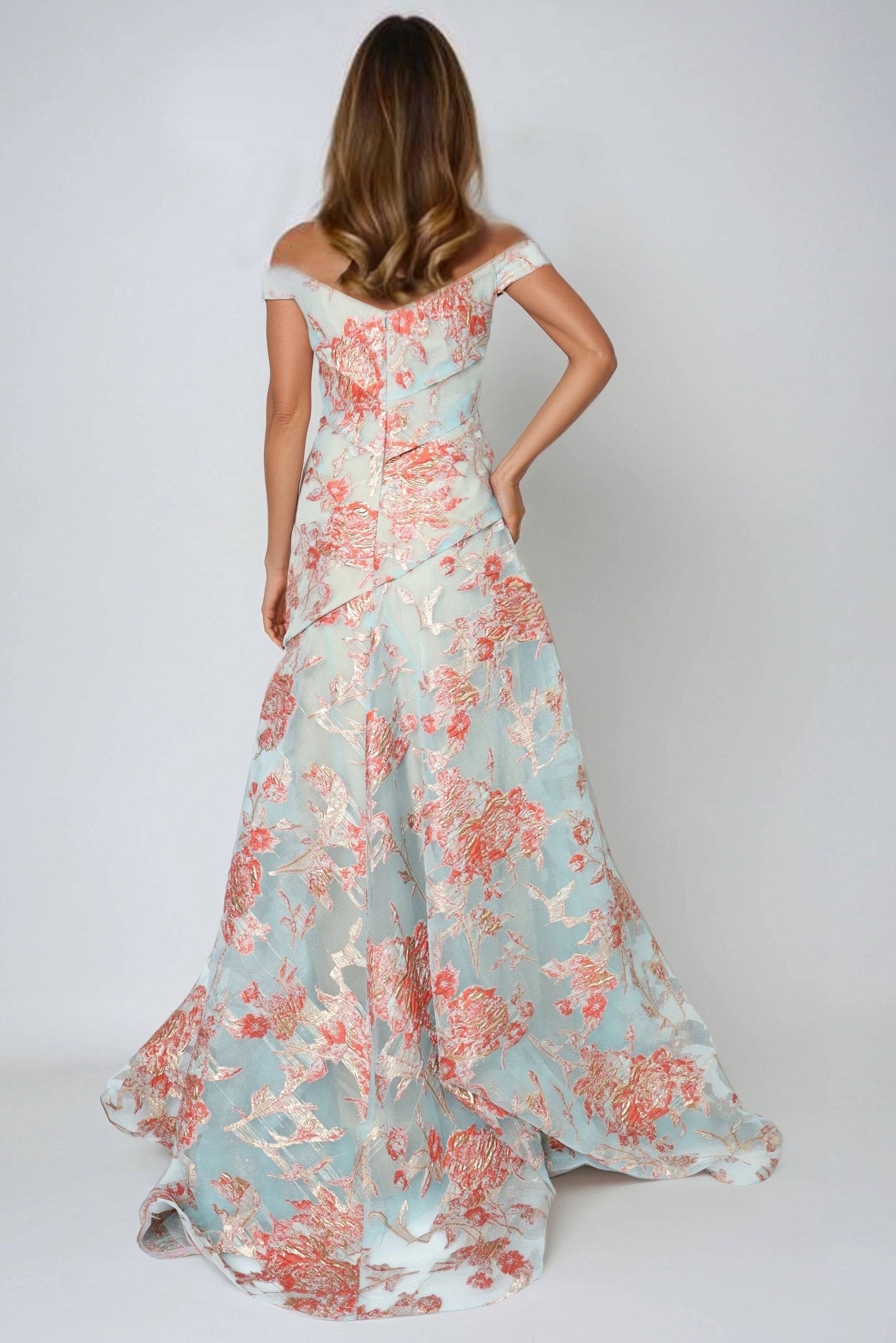 Off The Shoulder Floral Fil Coupe A-Line Gown