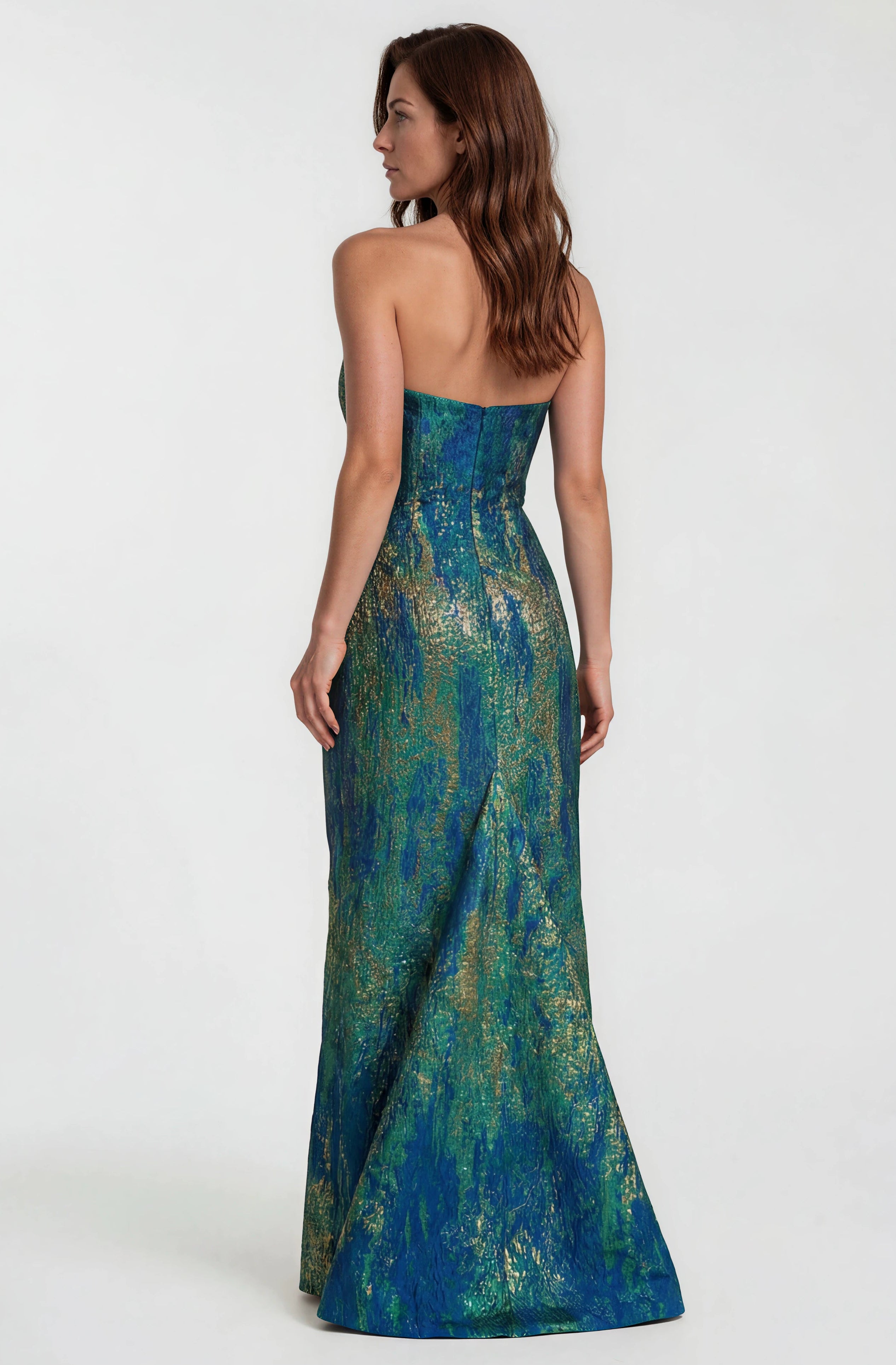 Swoop Neck Brocade Strapless A-Line Gown Gown Rene Ruiz Collection