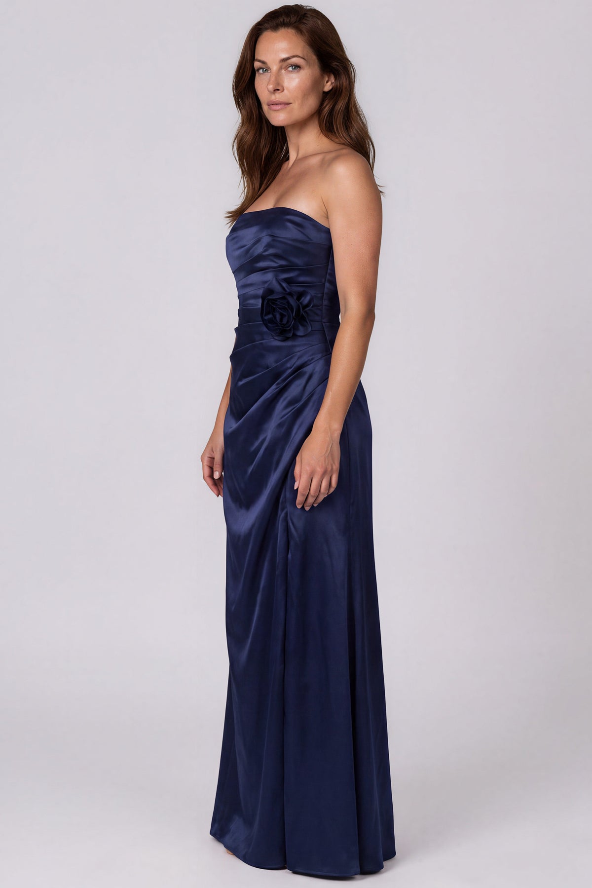 Strapless Draped Waist Floral Detail Satin-Back Crepe A-Line Gown Gown Rene Ruiz Collection
