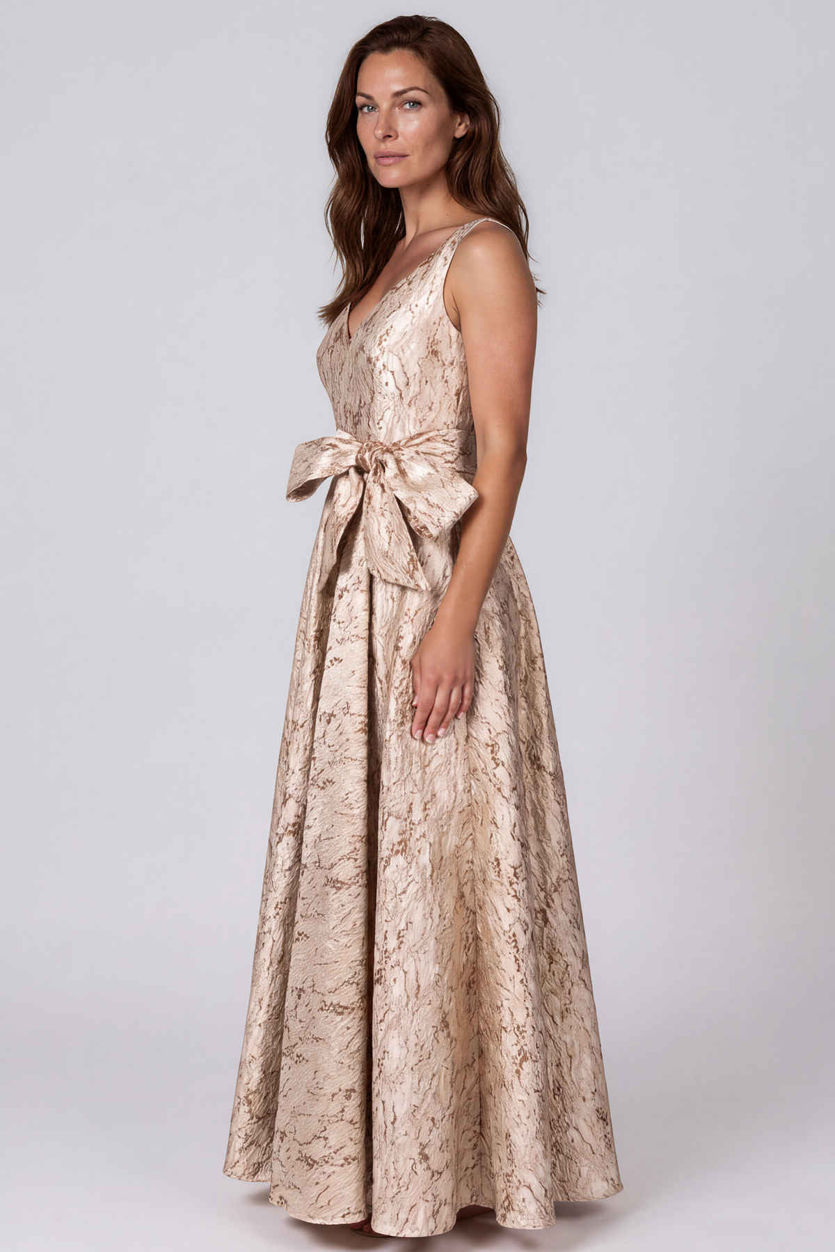 V-Neck Metallic Jacquard Waist Tie A-Line Gown Gown Rene Ruiz Collection