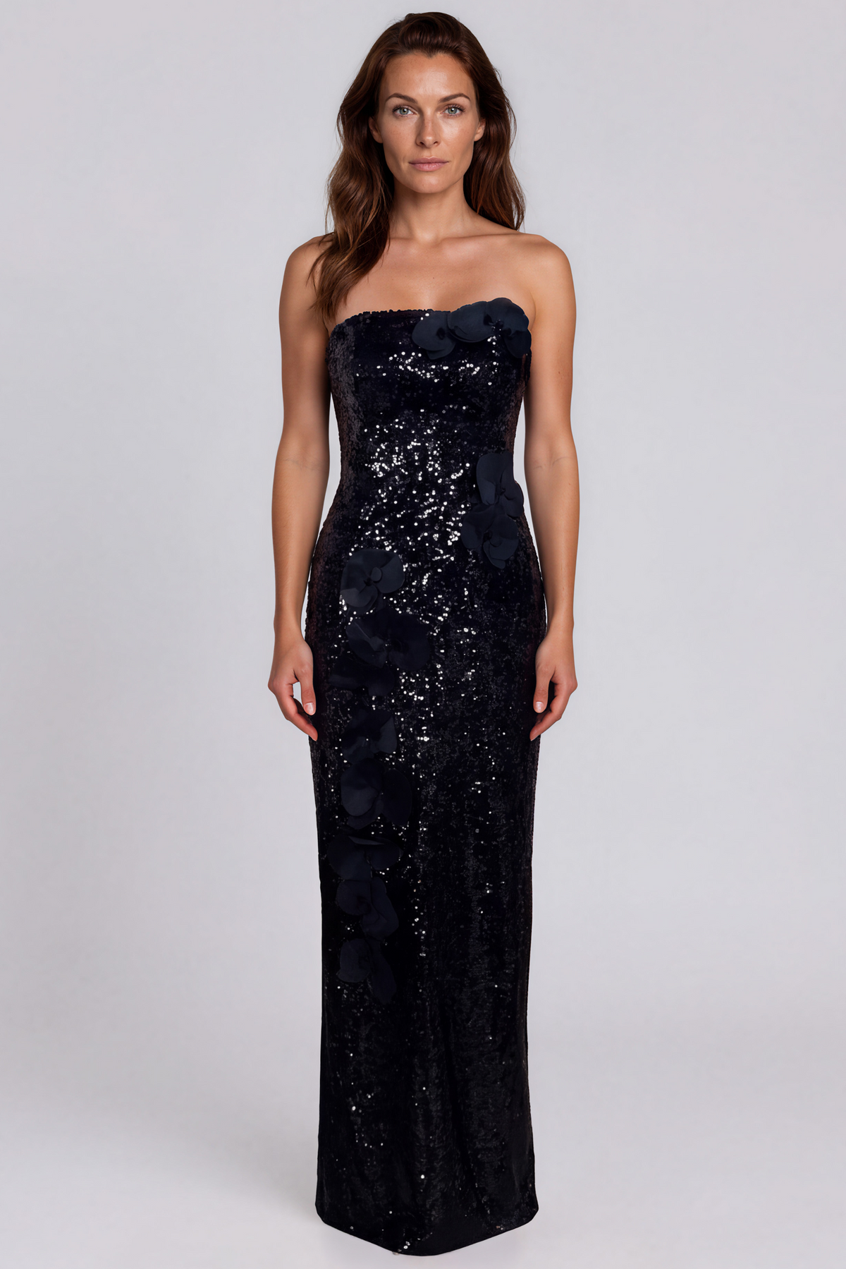 Strapless Sequin Floral Appliqué Column Gown Gown Rene Ruiz Collection