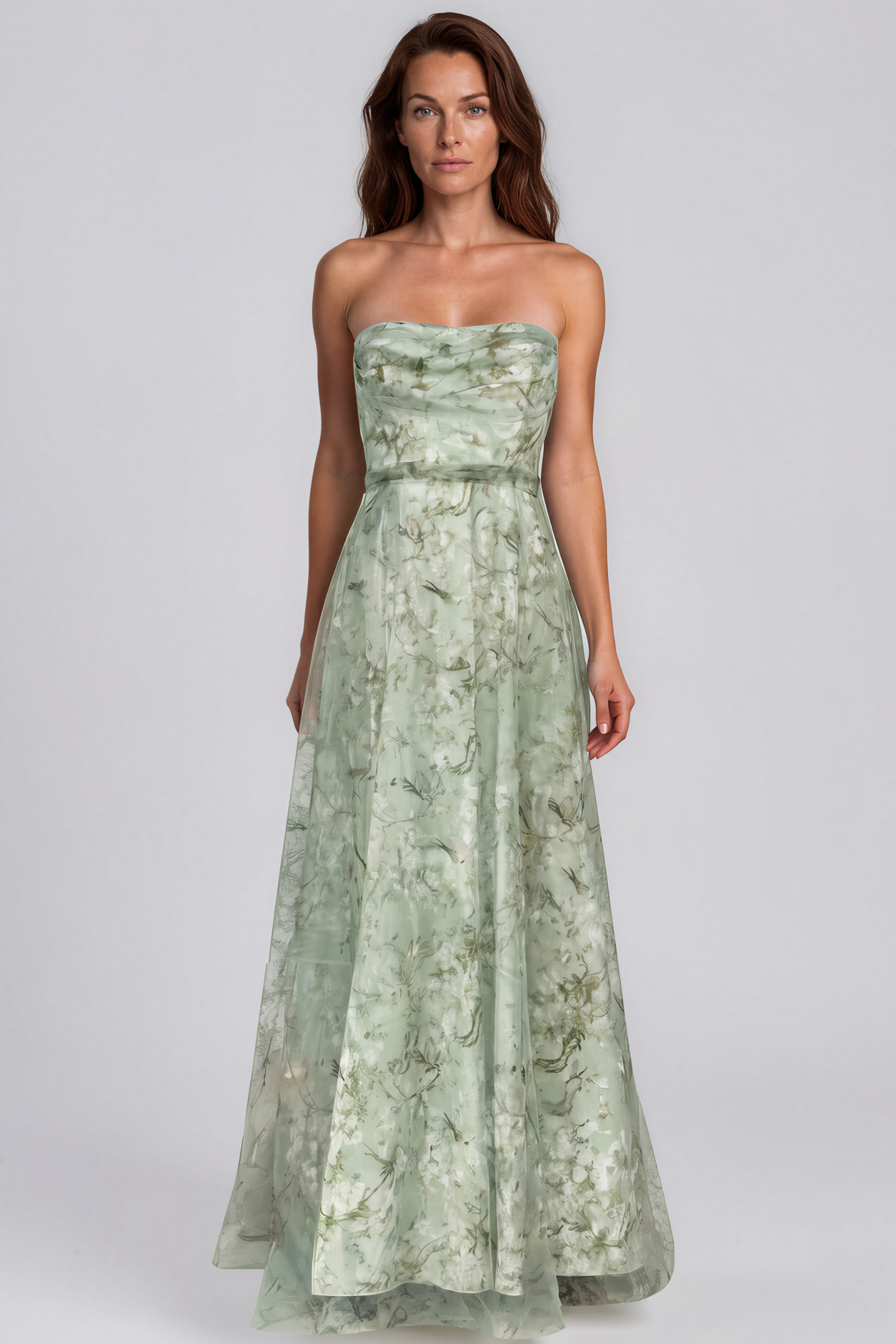 Strapless Draped Bodice Printed Organza A-Line Gown Gown Rene Ruiz Collection