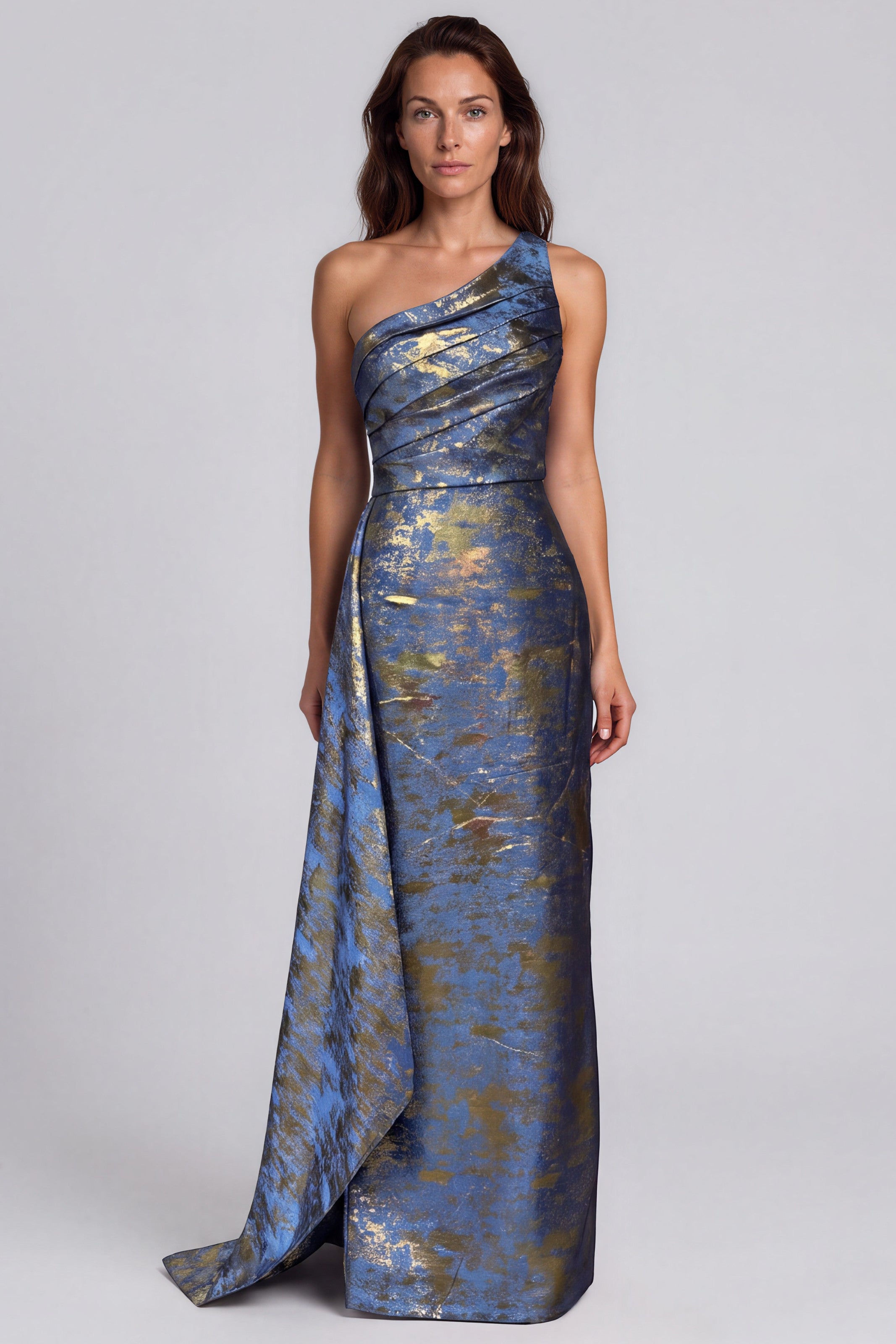 One Shoulder Jacquard Column Gown with Draped Bodice and Side Panel Gown Rene Ruiz Collection