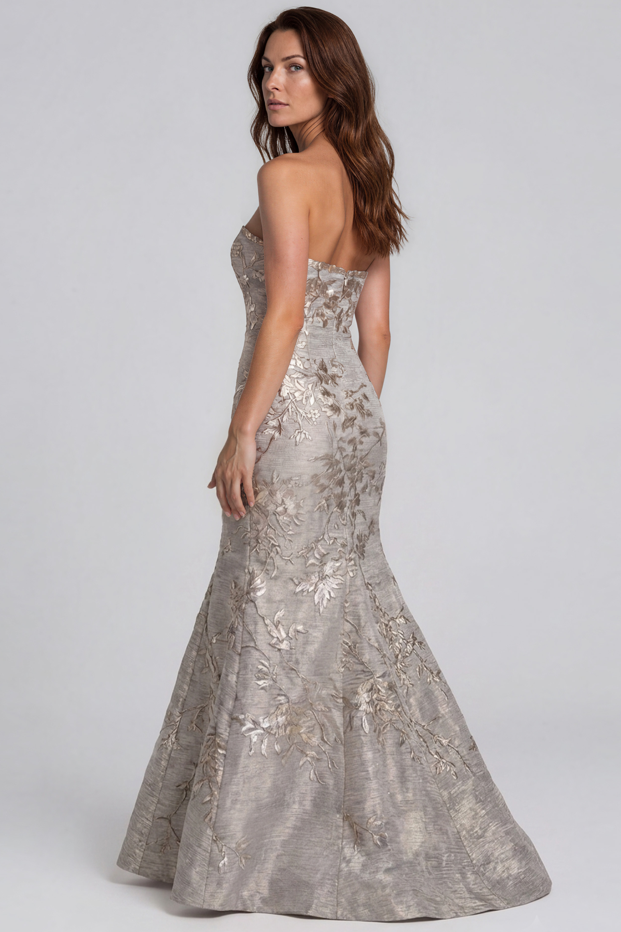 Strapless Fit and Flare Brocade Gown Gown Rene Ruiz Collection