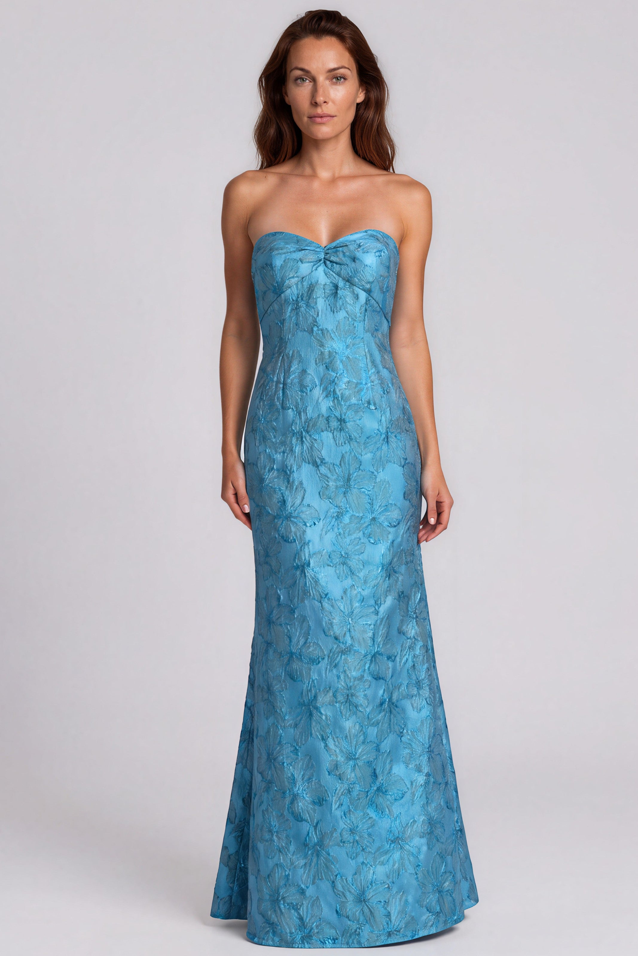 Strapless Sweetheart Floral Jacquard Fit and Flare Gown Gown Rene Ruiz Collection