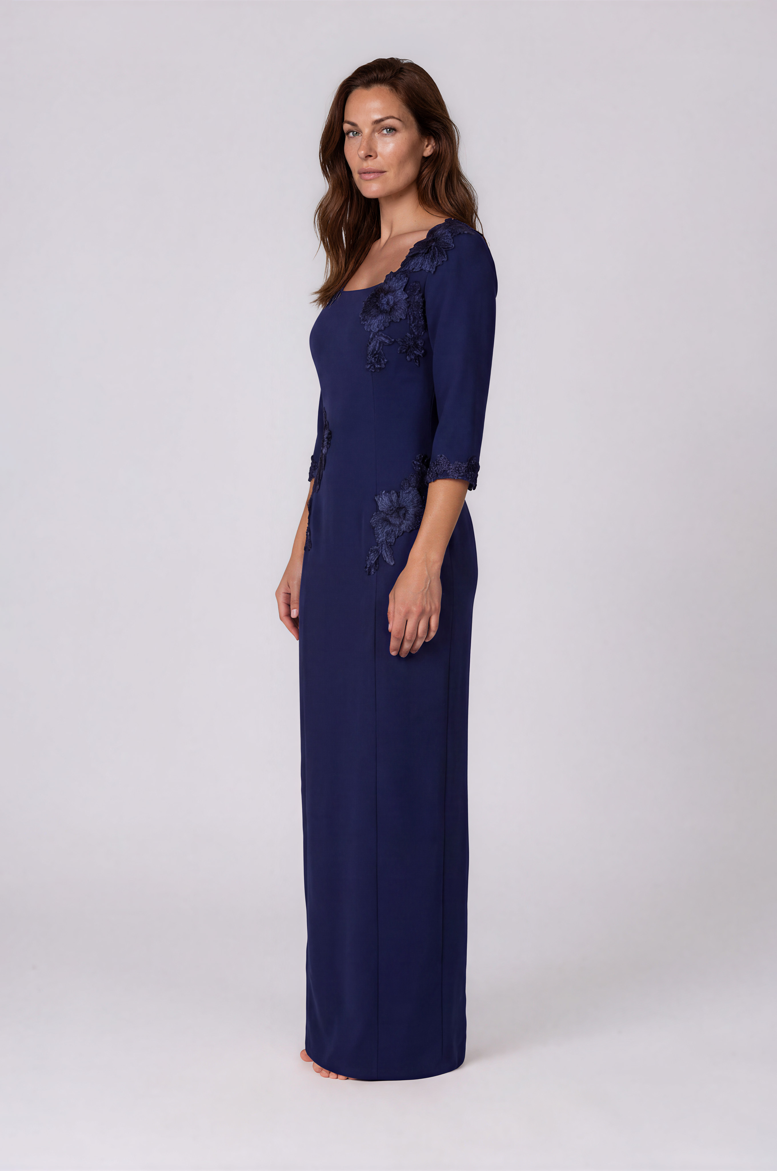 3/4 Sleeve Floral Appliqué Crepe Column Gown
