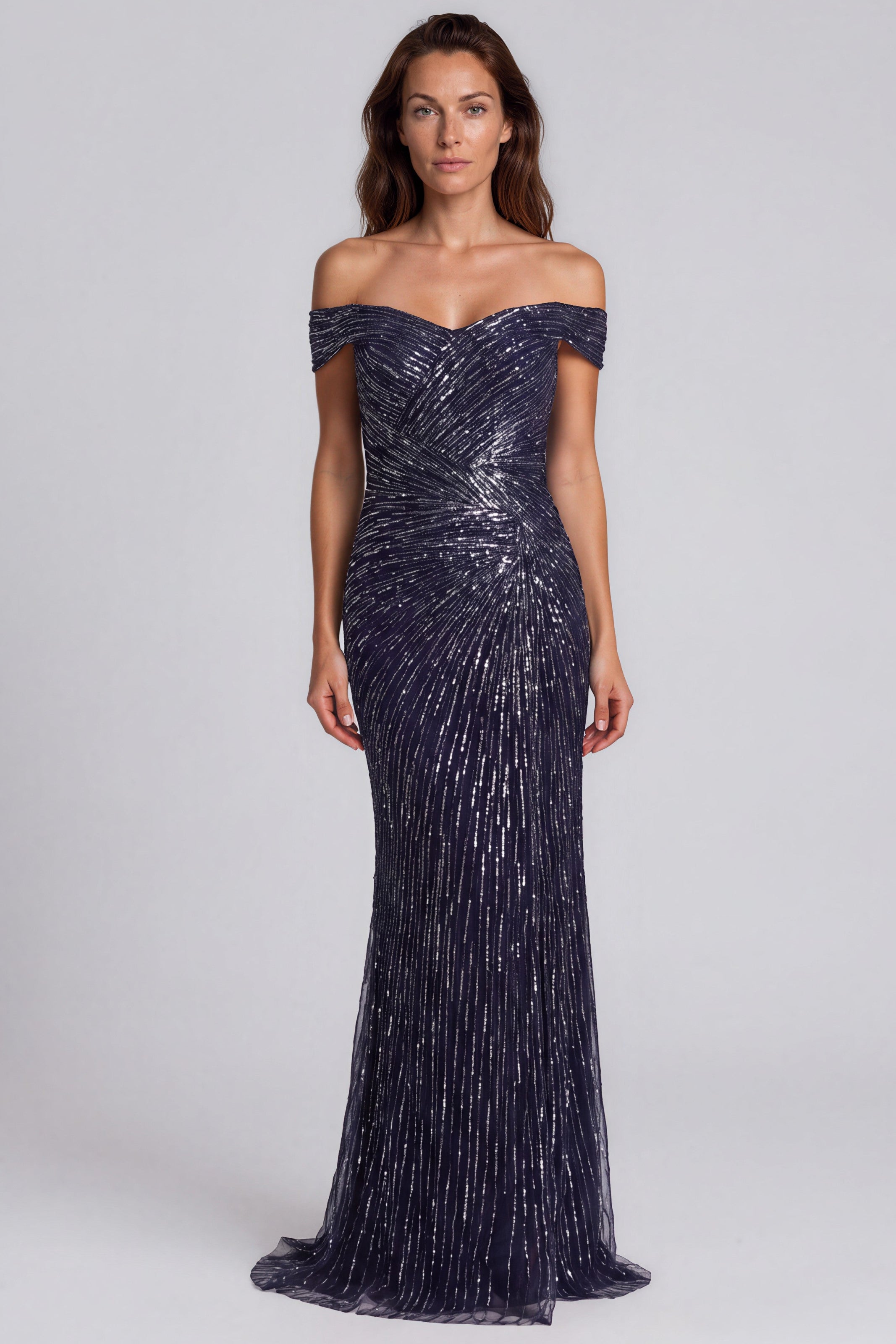 Off the Shoulder Beaded Gown Gown Rene Ruiz Collection