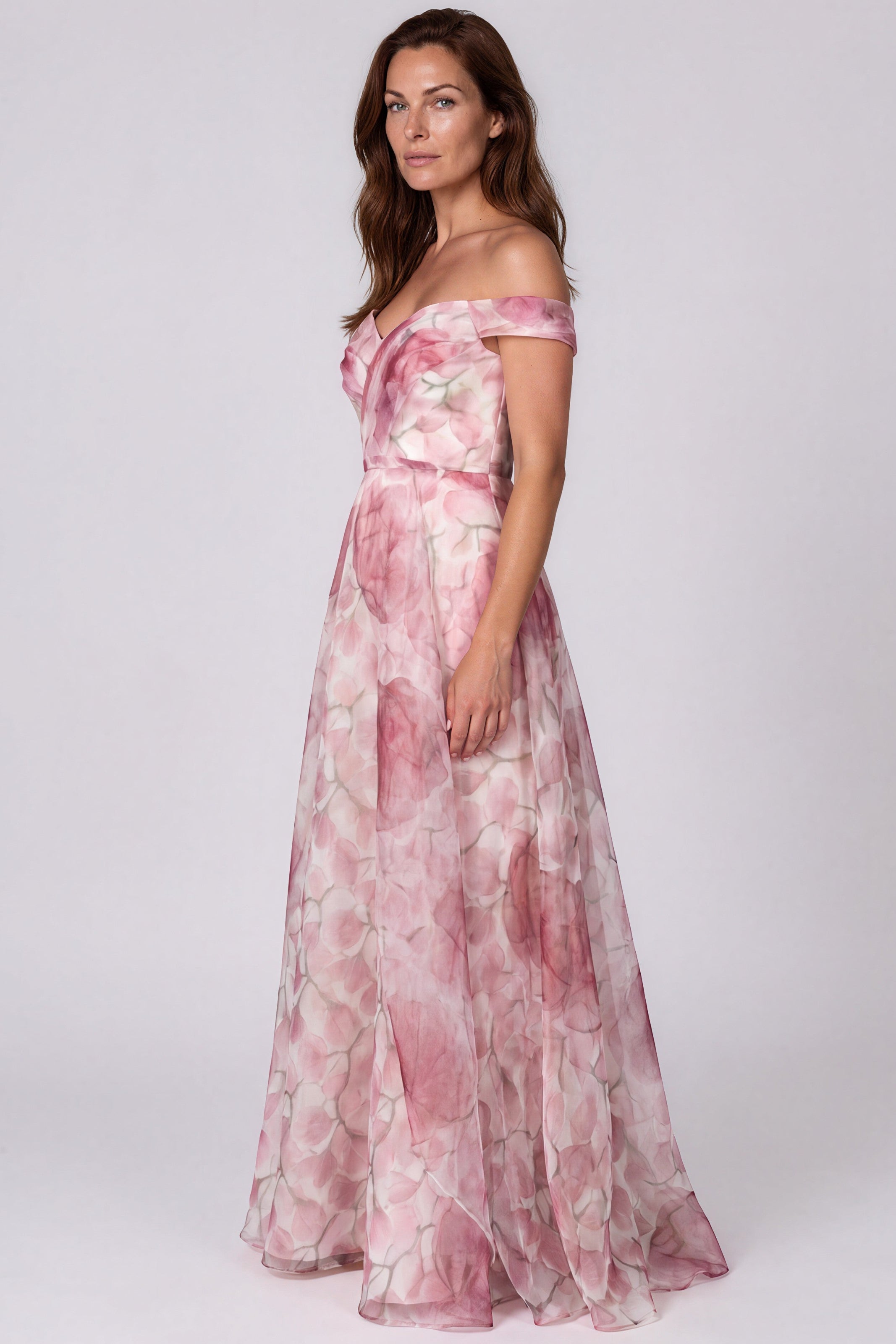 Off The Shoulder Printed Organza A-Line Gown Gown Rene Ruiz Collection