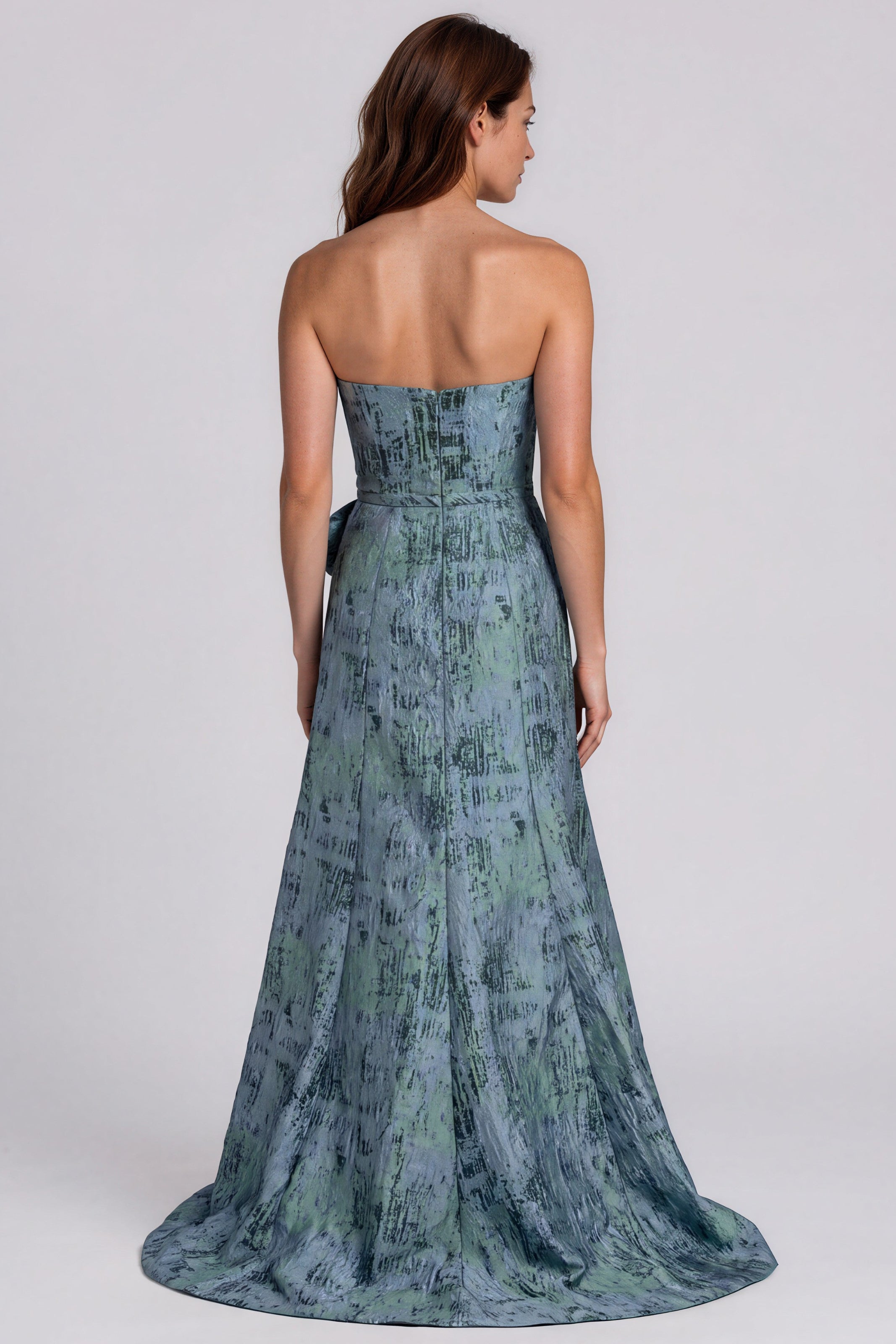 Strapless Jacquard Fit and Flare Gown with Cascading Ruffle Detail Gown Rene Ruiz Collection