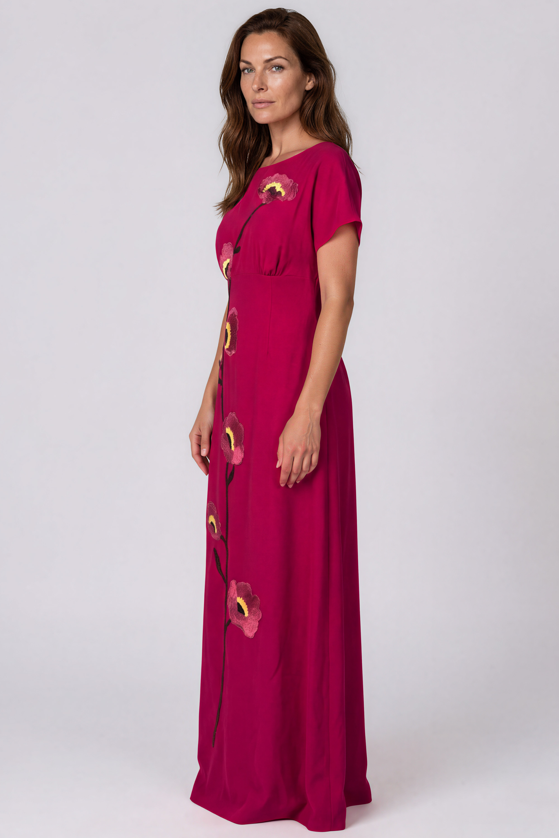 Embroidered Crepe Bateau Neck Fit and Flare Gown Gown Rene Ruiz Collection