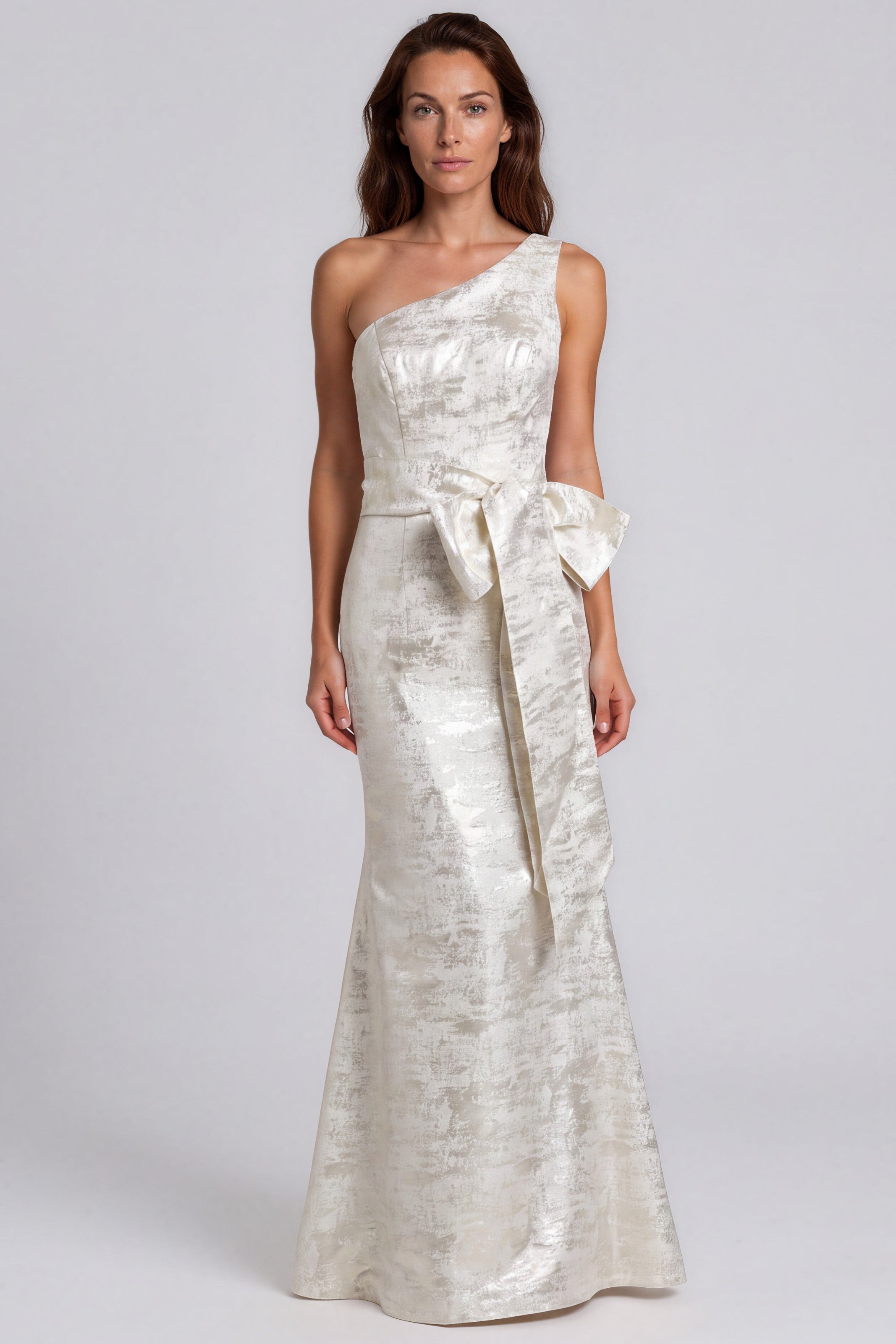 One Shoulder Jacquard Fit and Flare Gown with Bow Waist Detail Gown Rene Ruiz Collection
