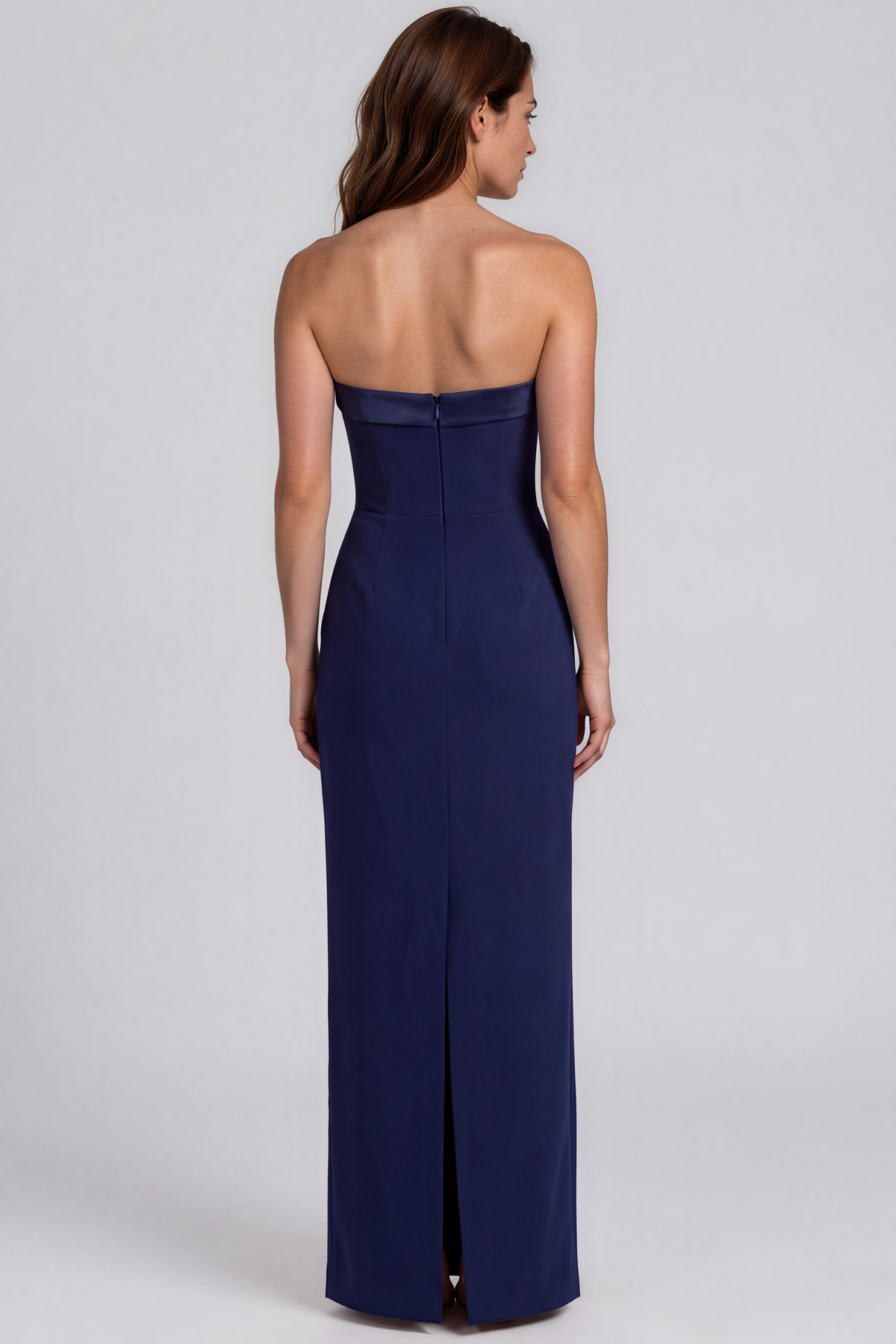 Strapless Crepe Column Gown with Organza Floral Appliqués