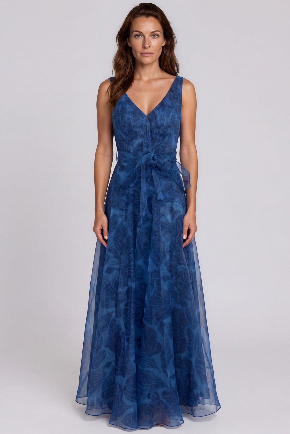 V-Neck Floral Printed Organza Waist Tie A-Line Gown Gown Rene Ruiz Collection