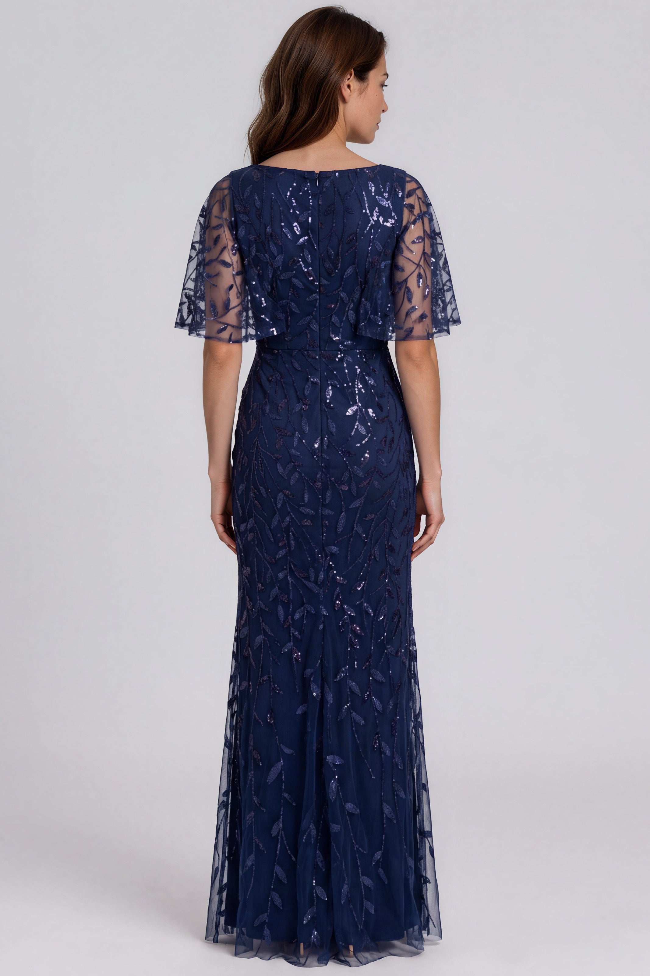 Embroidered V-Neck Fit and Flare Gown with Flutter Sleeves Gown Rene Ruiz Collection