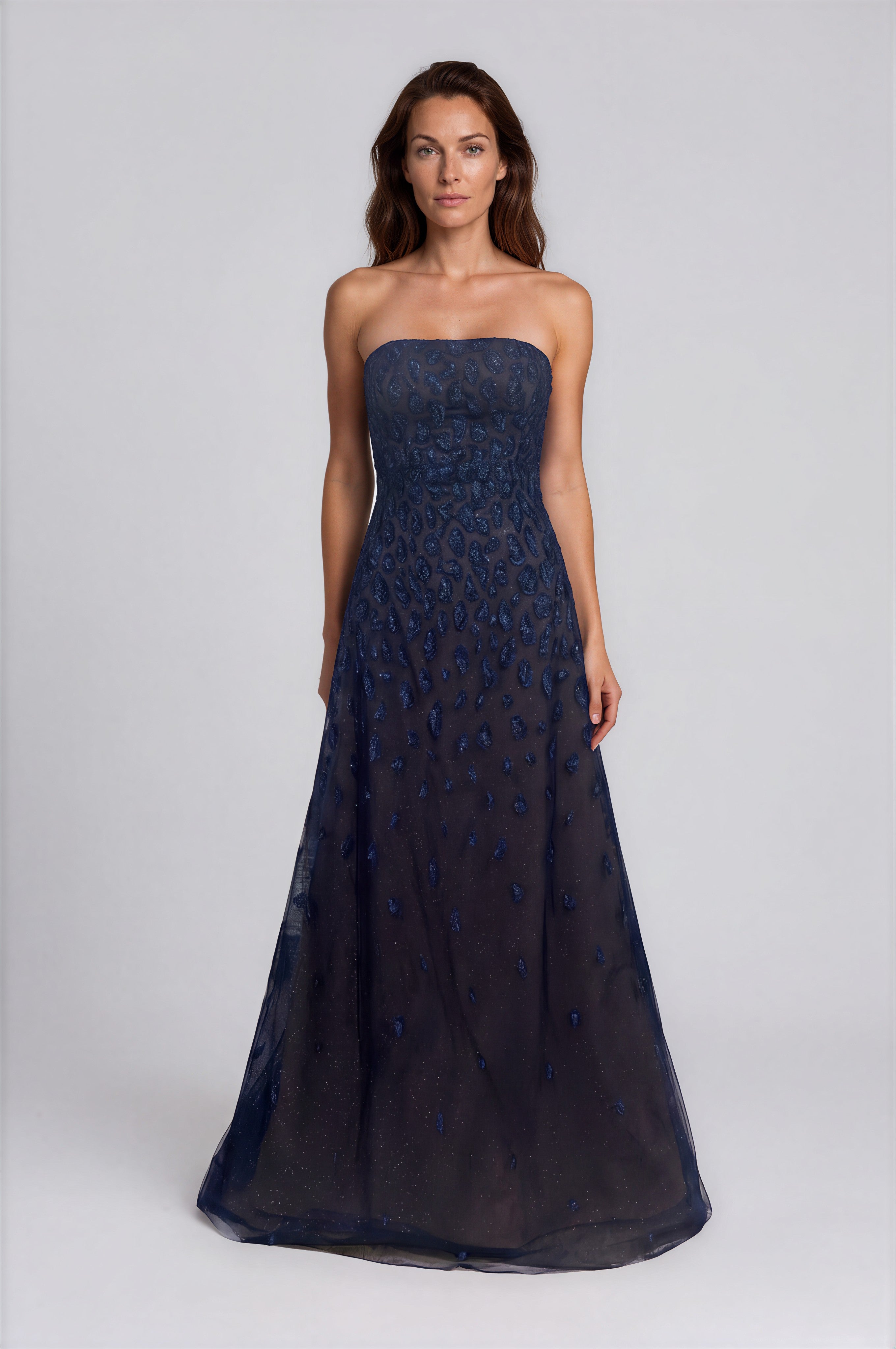 Metallic Embroidered Strapless Gown