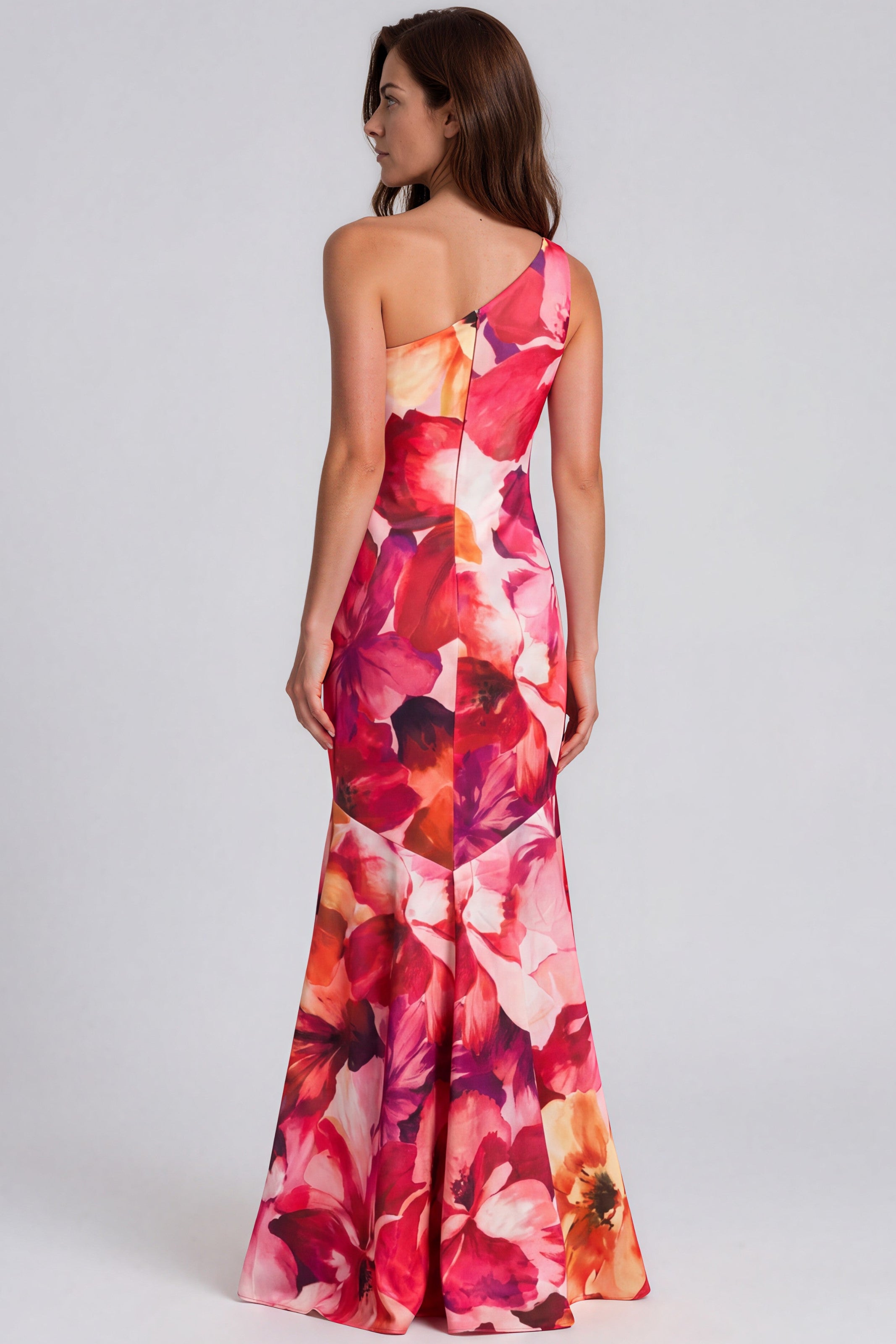 One Shoulder Floral Scuba Gown Gown Rene Ruiz Collection