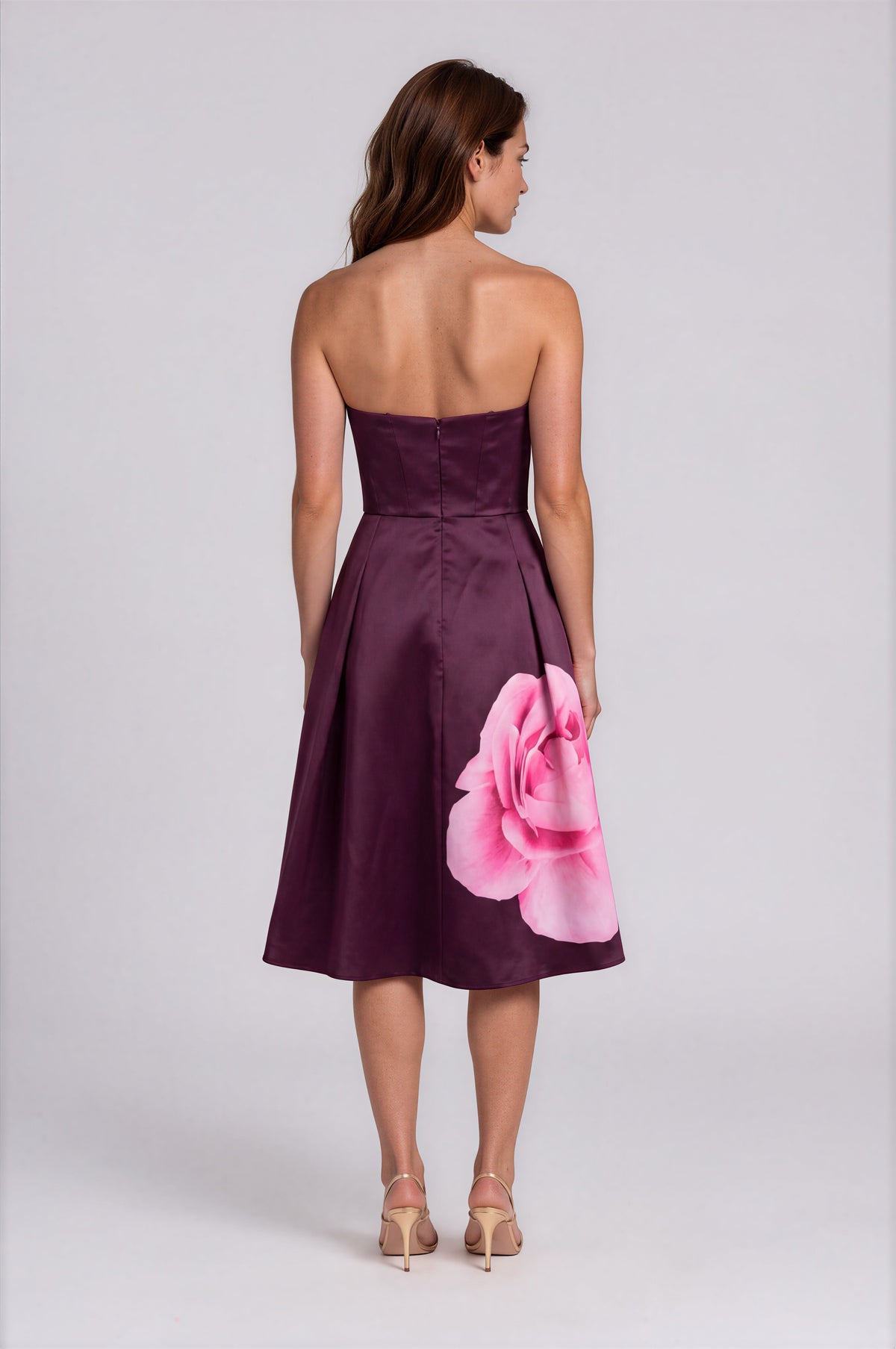 Strapless Printed Mikado A-Line Midi Cocktail