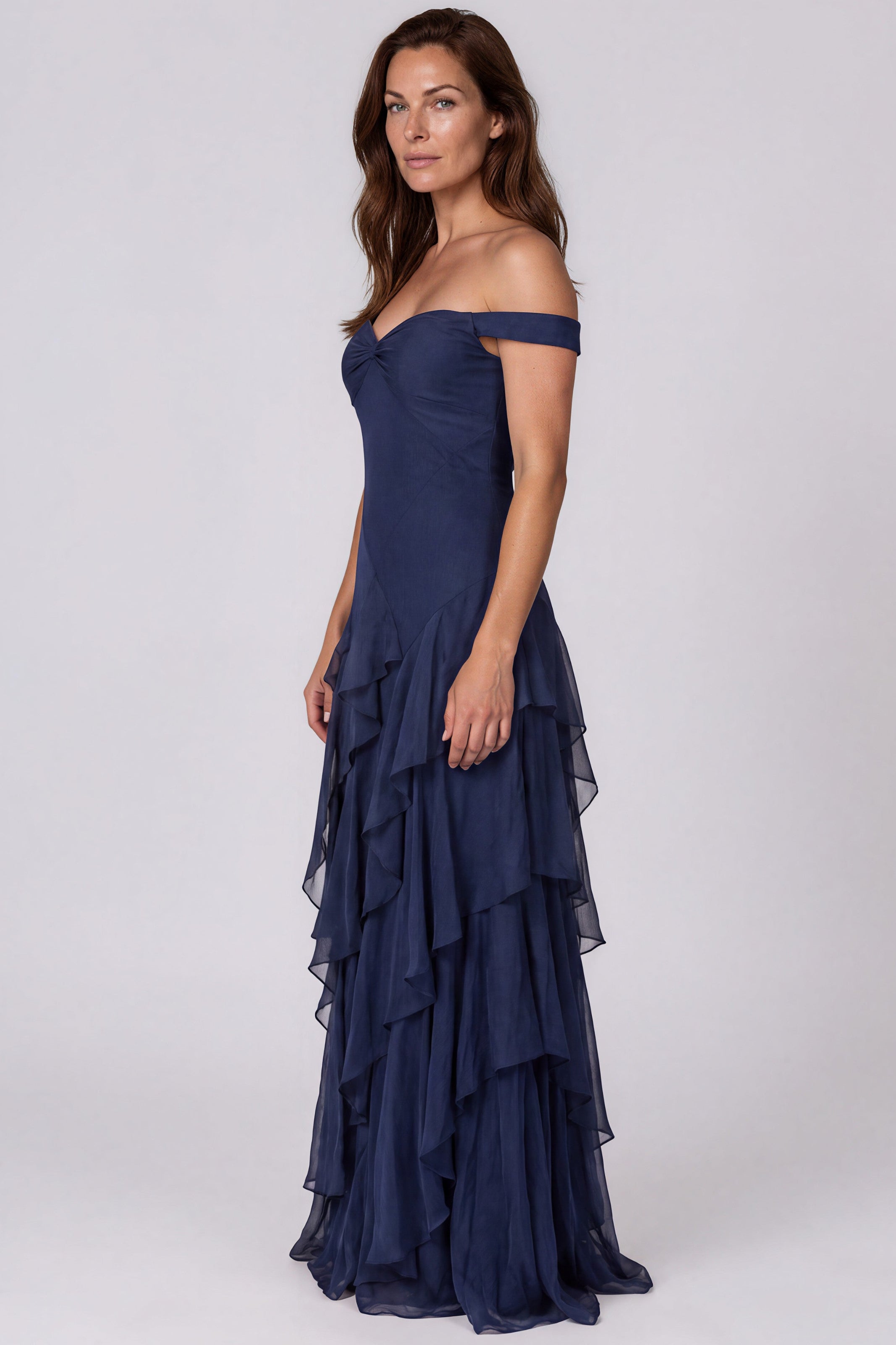 Off The Shoulder Tiered Ruffle Skirt Fit And Flare Chiffon Gown Gown Rene Ruiz Collection