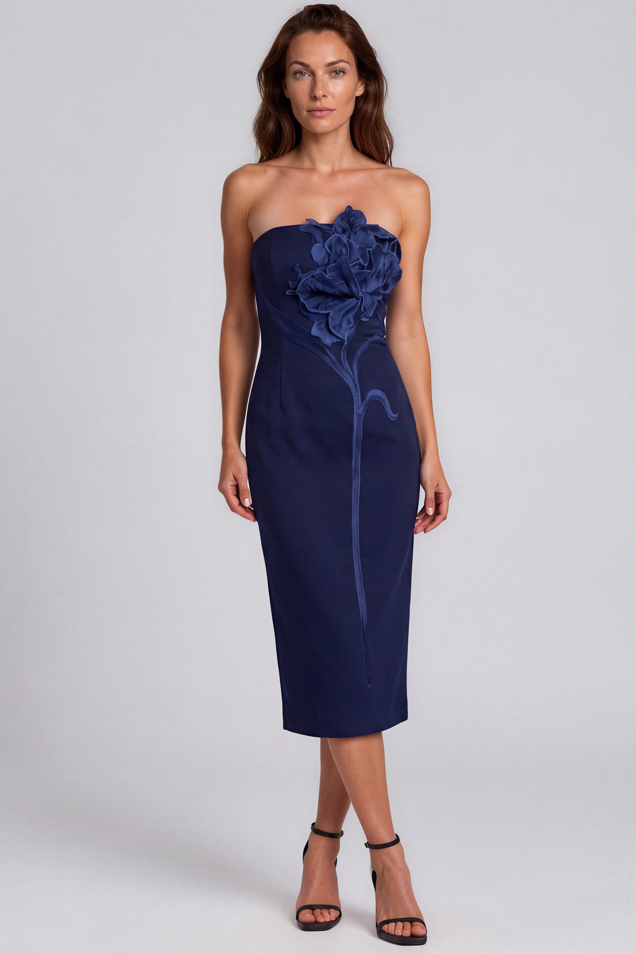 Strapless Crepe 3D Floral Appliqué Column Midi Cocktail