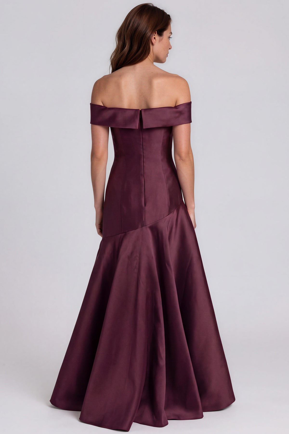 Off The Shoulder Asymmetric Waist Mikado Fit and Flare Gown Gown Rene Ruiz Collection