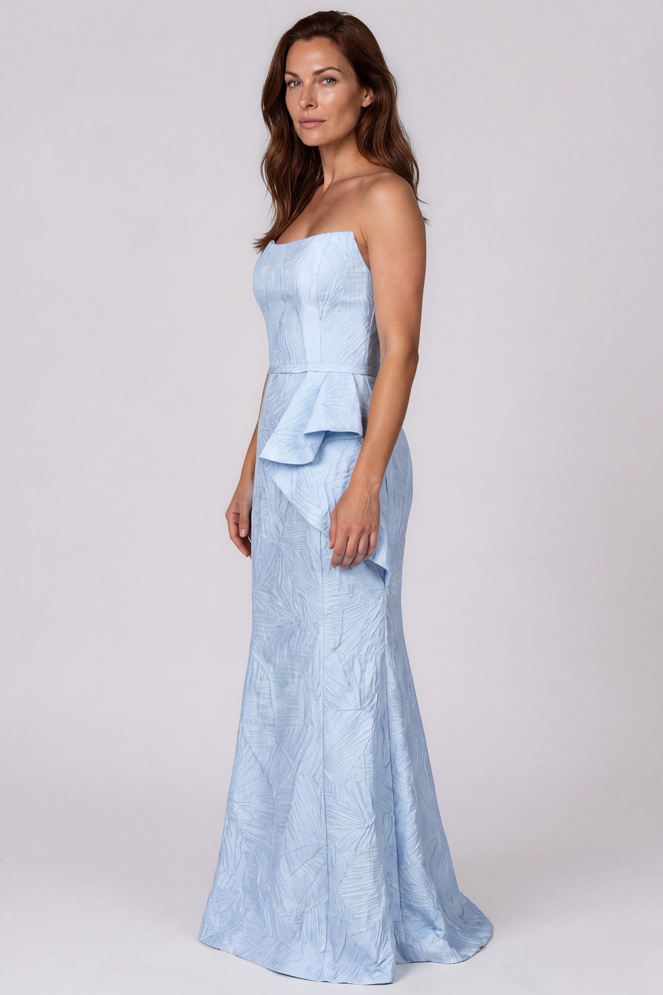 Strapless Jacquard Fit And Flare Gown with Side Ruffle Gown Rene Ruiz Collection
