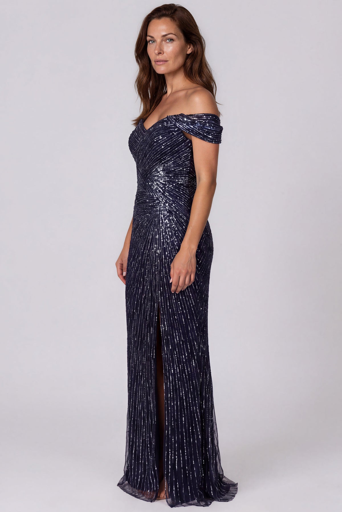 Off the Shoulder Beaded Gown (boca) Gown Rene Ruiz Collection