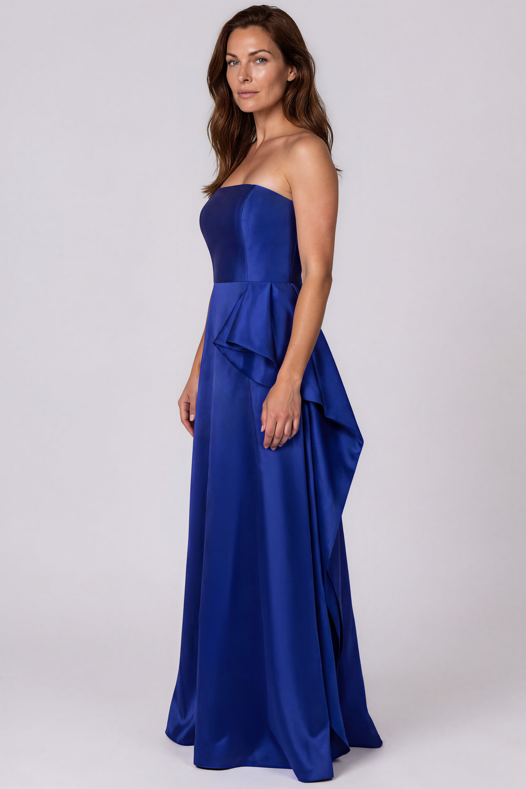 Strapless Sculptural Side Ruffle Mikado A-Line Gown with Embellished Waist Gown Rene Ruiz Collection