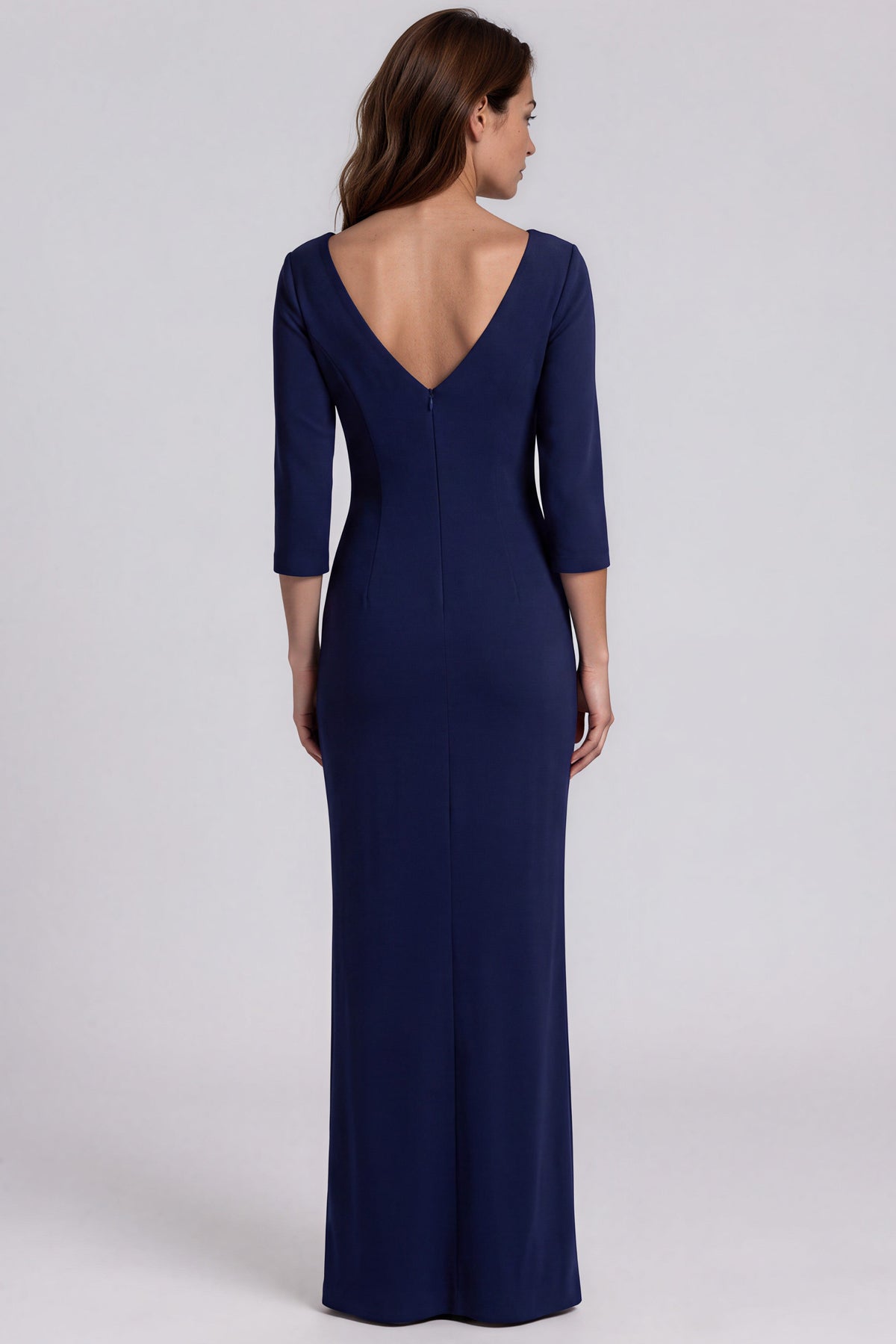 3/4 Sleeve Floral Appliqué Crepe Column Gown