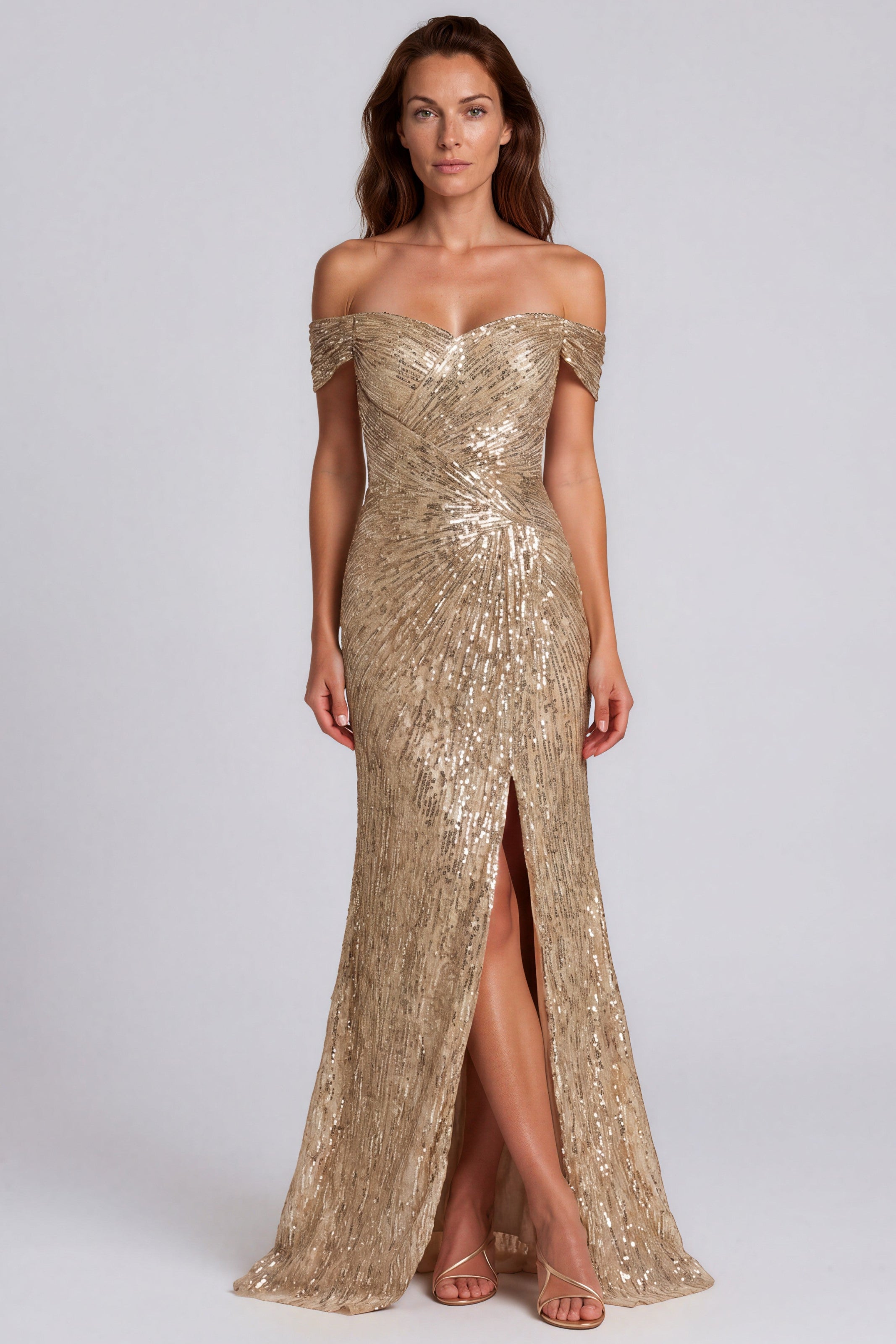 Off the Shoulder Beaded Gown Gown Rene Ruiz Collection