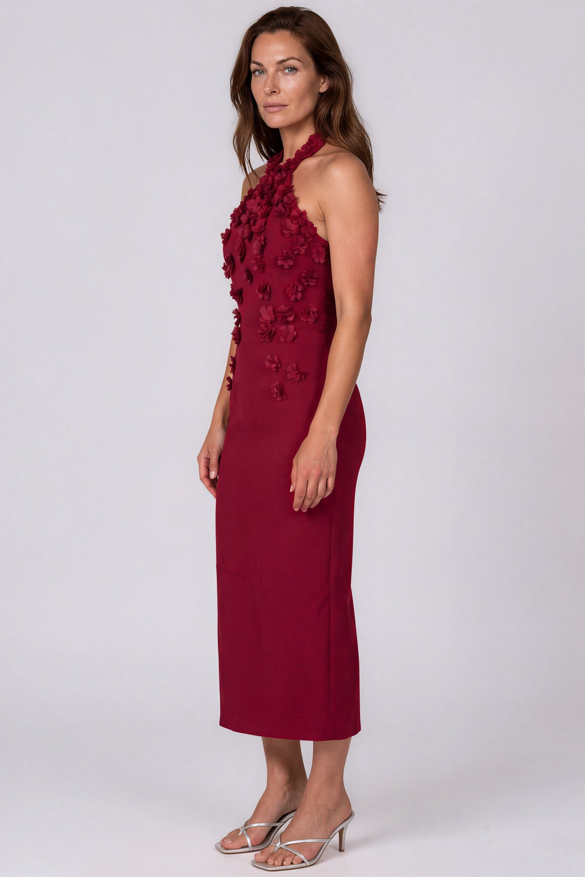 Floral Appliqué Halter Neck Crepe Sheath Cocktail Dress Cocktail Rene Ruiz Collection