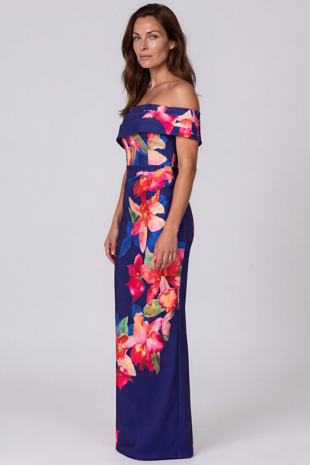 Off The Shoulder Draped Neckline Printed Crepe Column Gown