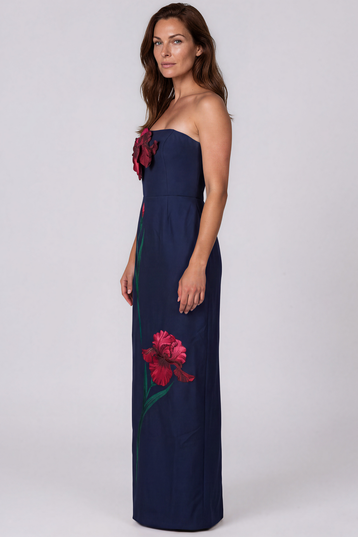 Oversized Floral Appliqué Strapless Crepe Column Gown