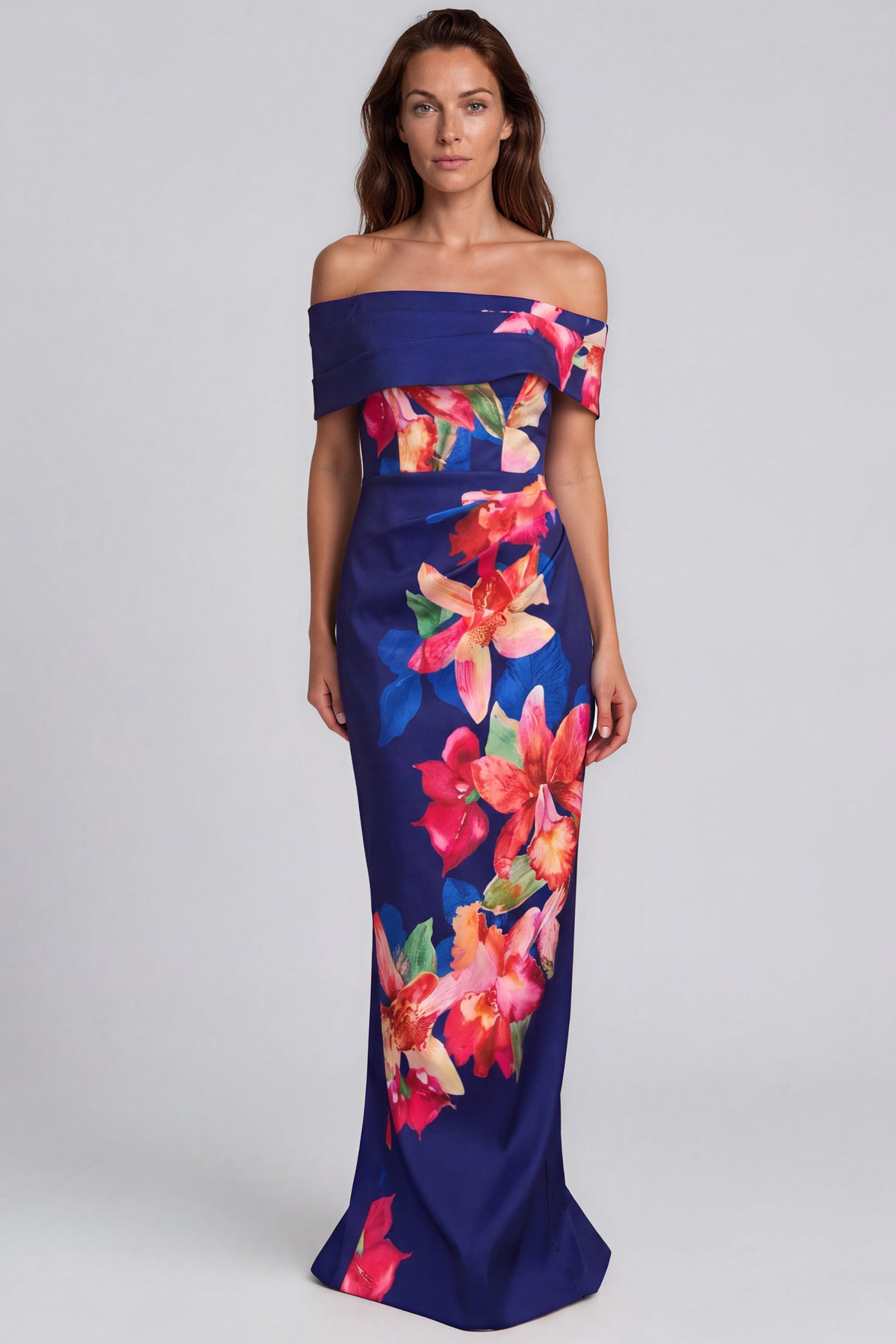 Off The Shoulder Draped Neckline Printed Crepe Column Gown
