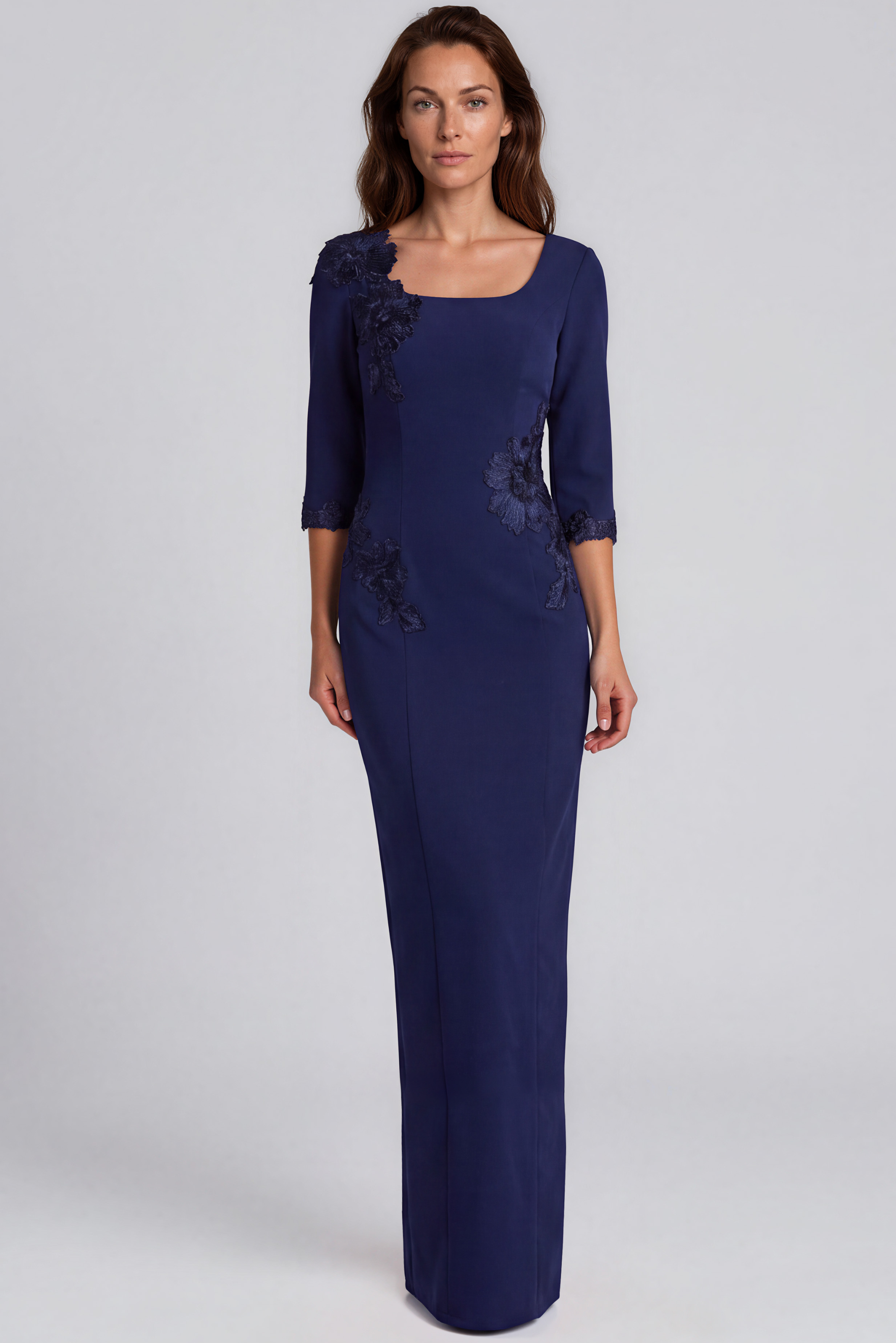 3/4 Sleeve Floral Appliqué Crepe Column Gown