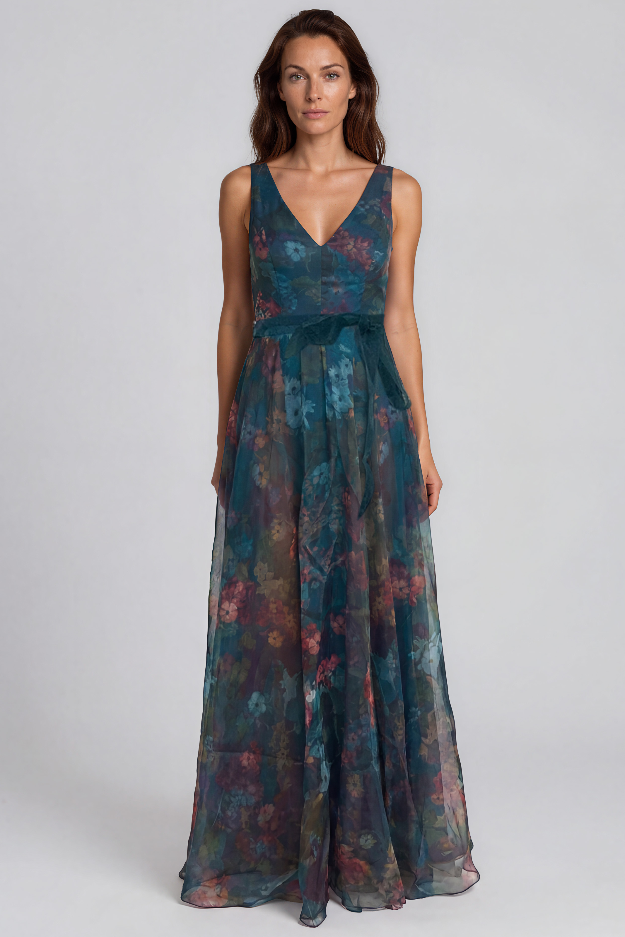 V-Neck Floral Printed Organza Waist Tie A-Line Gown Gown Rene Ruiz Collection