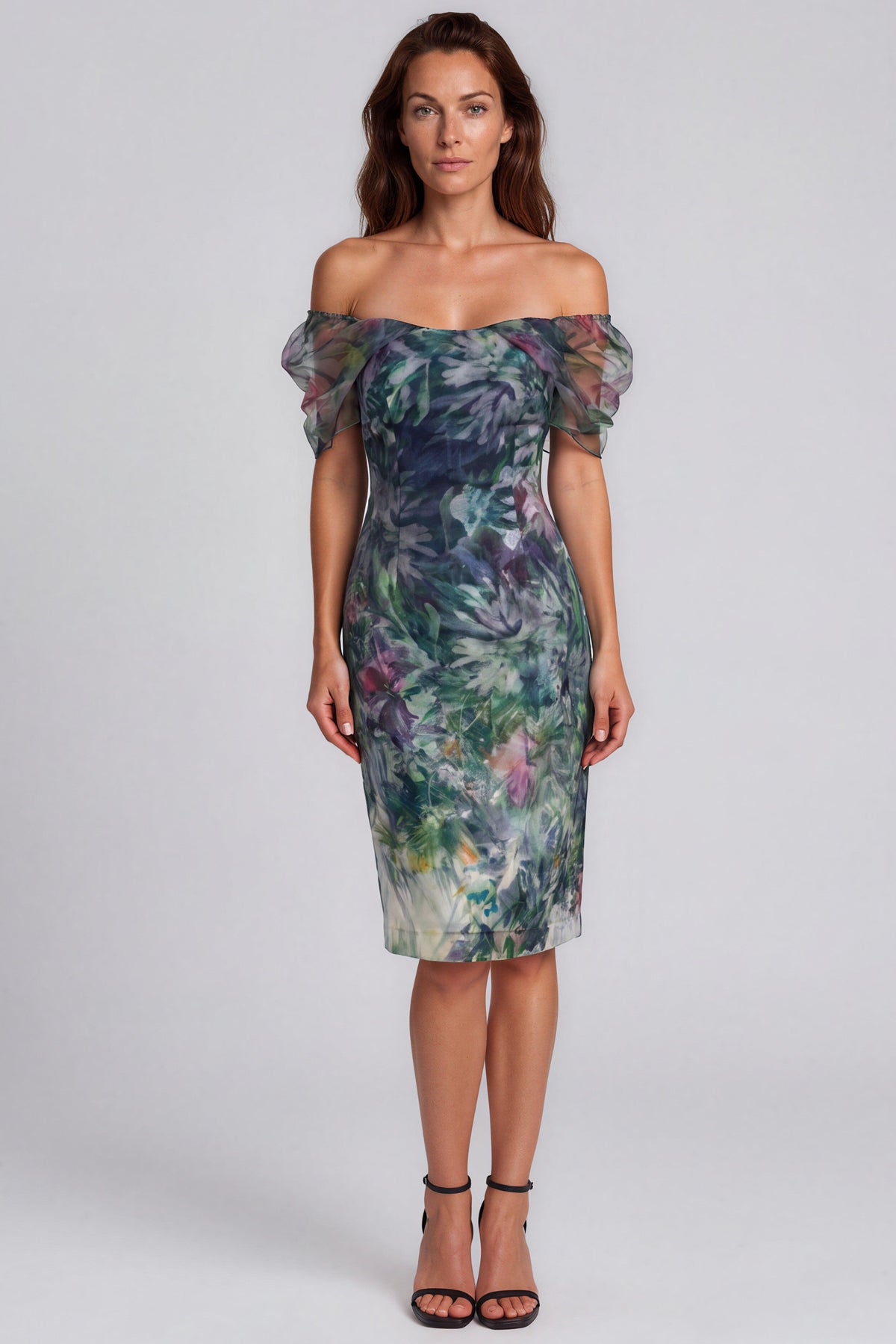 Off The Shoulder Flutter Sleeves Printed Organza Sheath Cocktail Dress Cocktail Rene Ruiz Collection